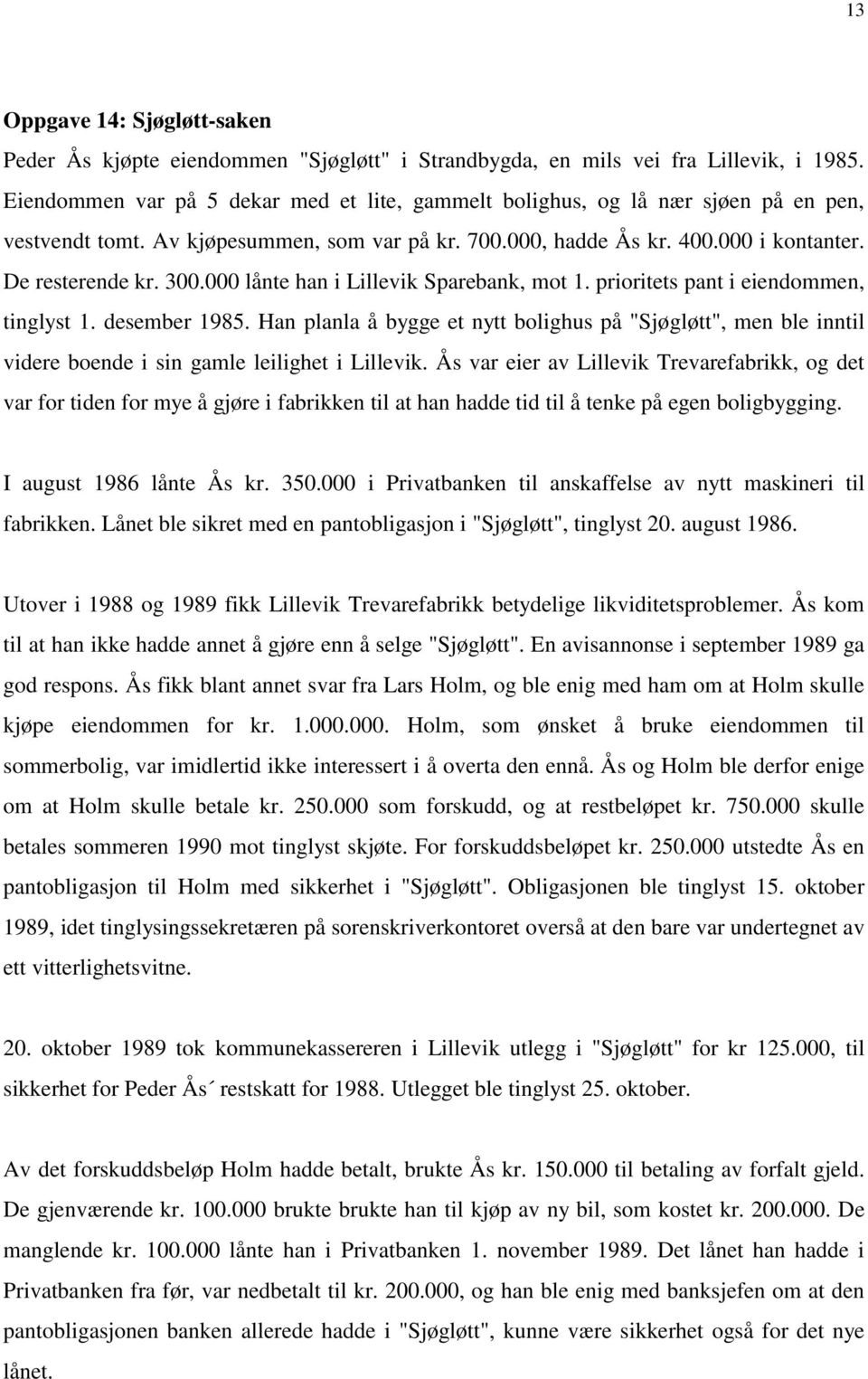 000 lånte han i Lillevik Sparebank, mot 1. prioritets pant i eiendommen, tinglyst 1. desember 1985.