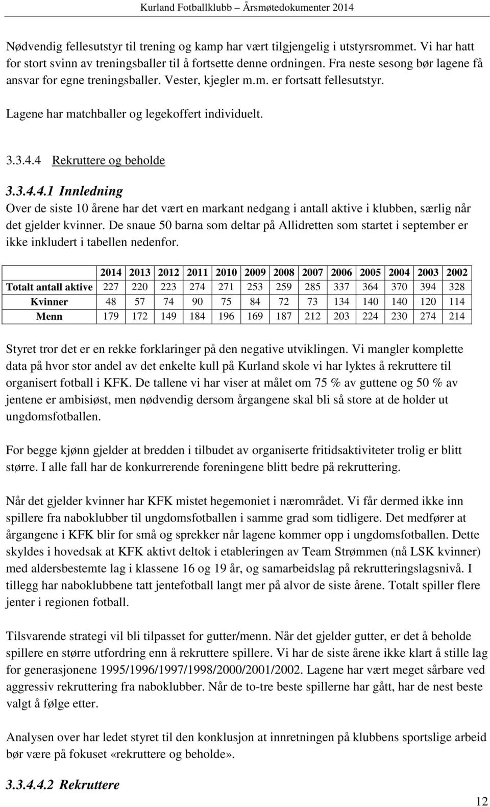 4 Rekruttere og beholde 3.3.4.4.1 Innledning Over de siste 10 årene har det vært en markant nedgang i antall aktive i klubben, særlig når det gjelder kvinner.