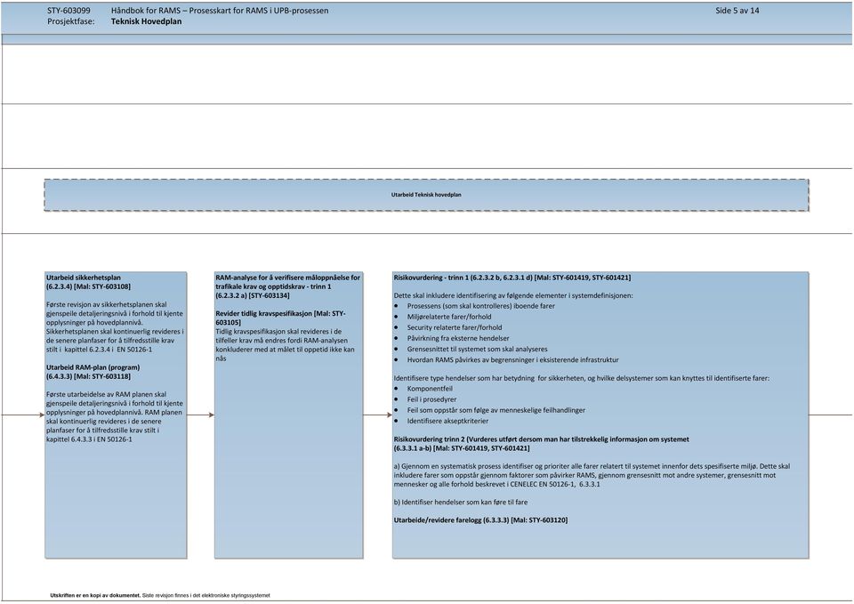 4 i EN 50126-1 RAM-plan (program) (6.4.3.3) [Mal: STY-603118] Første utarbeidelse av RAM planen skal gjenspeile detaljeringsnivå i forhold til kjente opplysninger på hovedplannivå.