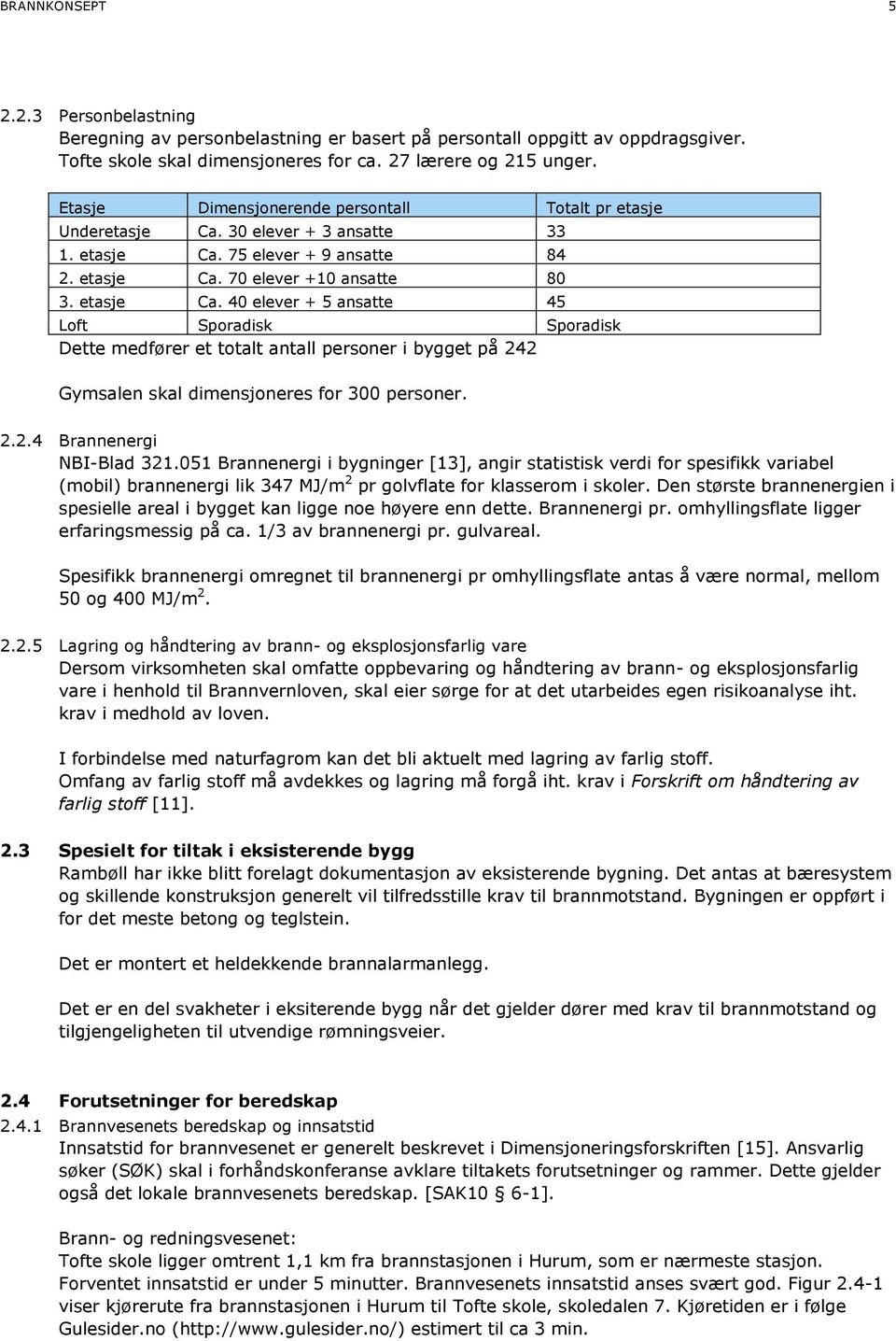 75 elever + 9 ansatte 84 2. etasje Ca. 70 elever +10 ansatte 80 3. etasje Ca. 40 elever + 5 ansatte 45 Loft Sporadisk Sporadisk Dette medfører et totalt antall personer i bygget på 242 Gymsalen skal dimensjoneres for 300 personer.