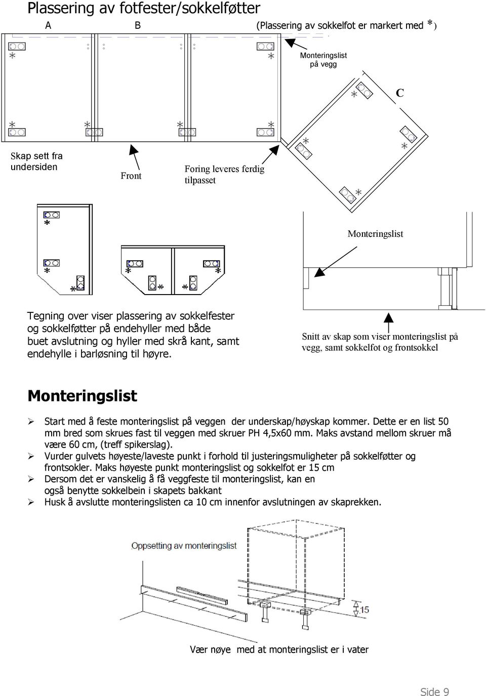 Snitt av skap som viser monteringslist på vegg, samt sokkelfot og frontsokkel Monteringslist Start med å feste monteringslist på veggen der underskap/høyskap kommer.