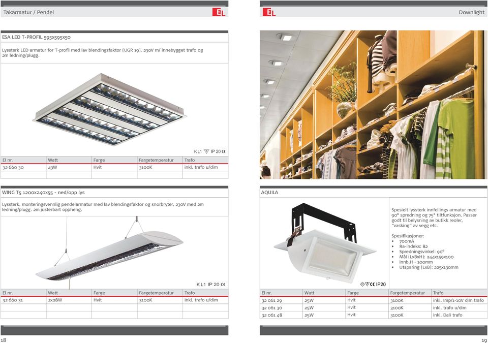 230V med 2m ledning/plugg. 2m justerbart oppheng. Spesielt lyssterk innfellings armatur med 90 spredning og 75 tiltfunksjon. Passer godt til belysning av butikk reoler, vasking av vegg etc.