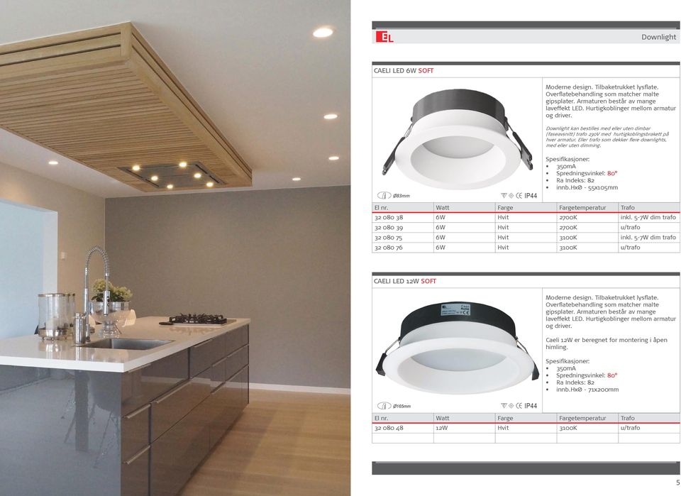 Eller trafo som dekker flere downlights, med eller uten dimming. 350mA Spredningsvinkel: 80 Ra Indeks: 82 innb.hxø - 55x105mm Watt Farge Fargetemperatur Trafo 32 080 38 6W Hvit 2700K inkl.