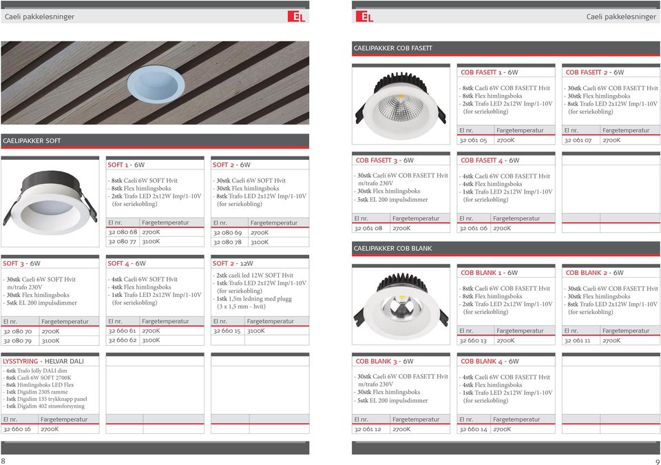 2700K SOFT 1-6W SOFT 2-6W COB FASETT 3-6W COB FASETT 4-6W - 8stk Caeli 6W SOFT Hvit - 8stk Flex himlingsboks - 2stk Trafo LED 2x12W Imp/1-10V (for seriekobling) - 30stk Caeli 6W SOFT Hvit - 30stk