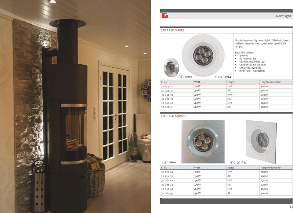 hxø - 50x92mm Watt Farge Fargetemperatur 32 233 02 3x1W Hvit 3100K 32 233 03 3x1W Alu 3100K 32 061 38 4x1W Hvit 2700K 32 061 39 4x1W Alu 2700K 32 061