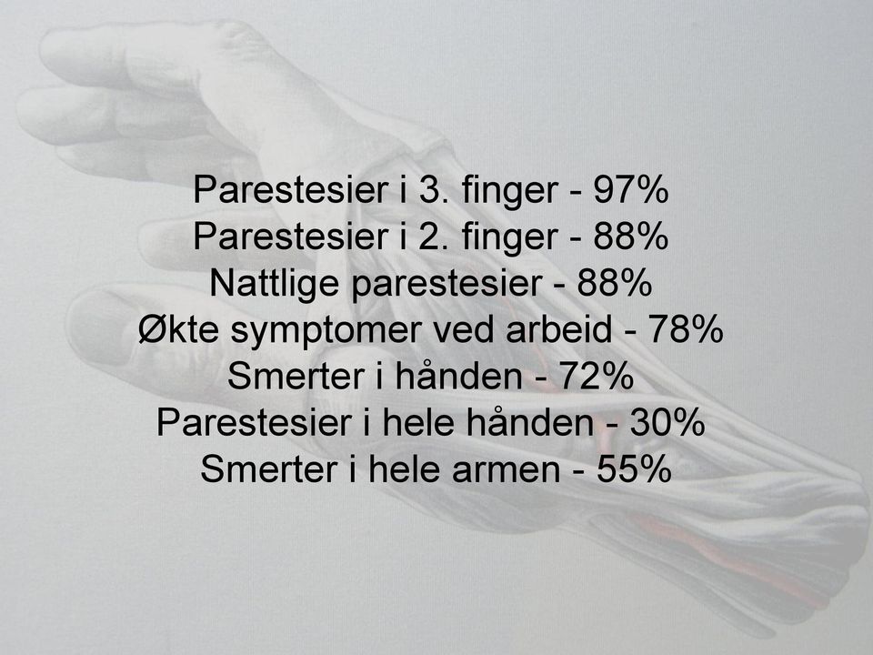 symptomer ved arbeid - 78% Smerter i hånden - 72%