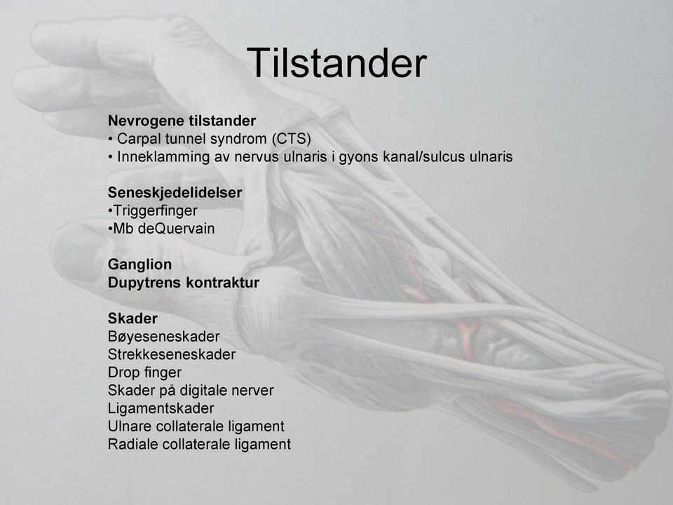 Ganglion Dupytrens kontraktur Skader Bøyeseneskader Strekkeseneskader Drop finger