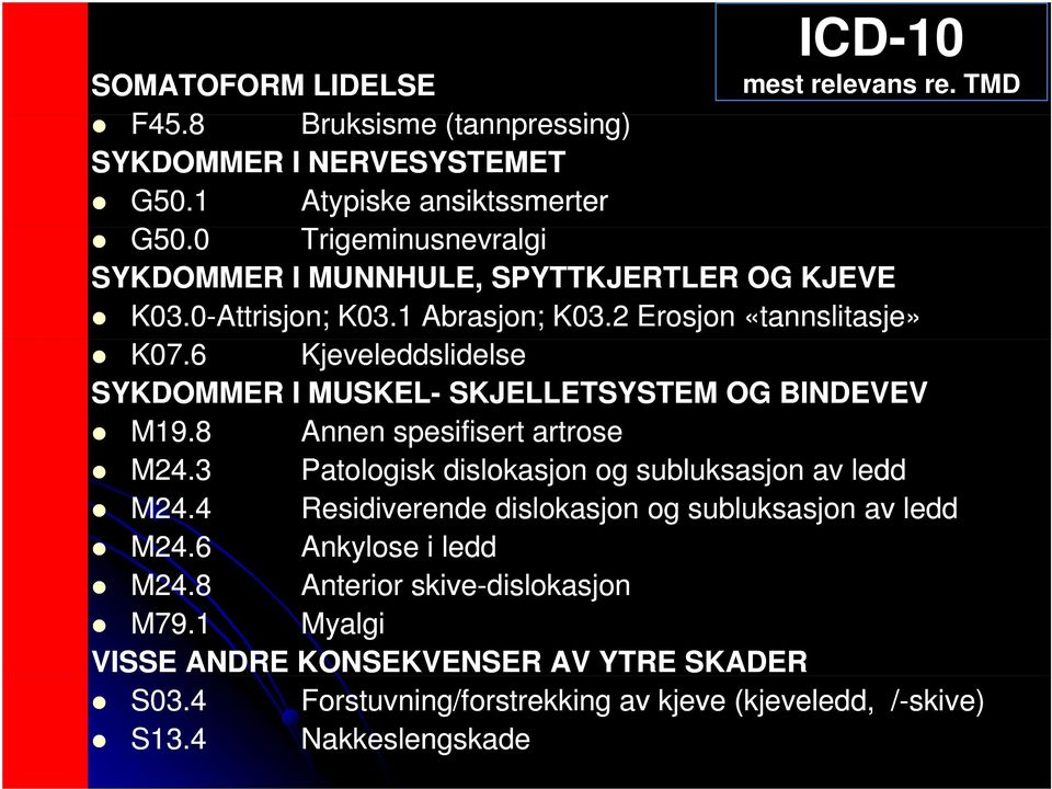 6 Kjeveleddslidelse SYKDOMMER I MUSKEL- SKJELLETSYSTEM OG BINDEVEV M19.8 Annen spesifisert artrose M24.3 Patologisk dislokasjon og subluksasjon av ledd M24.