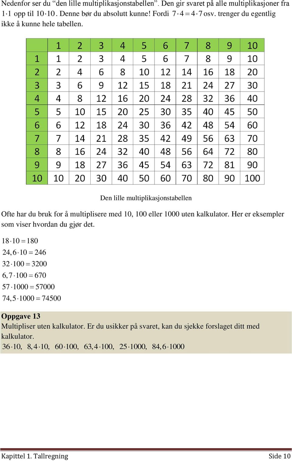 Den lille multiplikasjonstabellen Ofte har du bruk for å multiplisere med 10, 100 eller 1000 uten kalkulator. Her er eksempler som viser hvordan du gjør det.