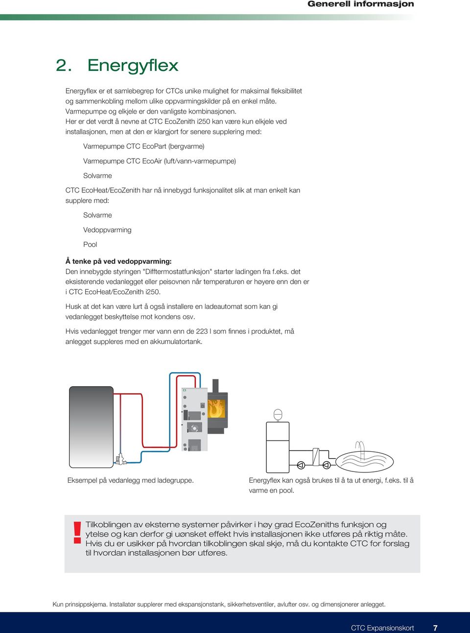 Her er det verdt å nevne at CTC EcoZenith i250 kan være kun elkjele ved installasjonen, men at den er klargjort for senere supplering med: Varmepumpe CTC EcoPart (bergvarme) Varmepumpe CTC EcoAir