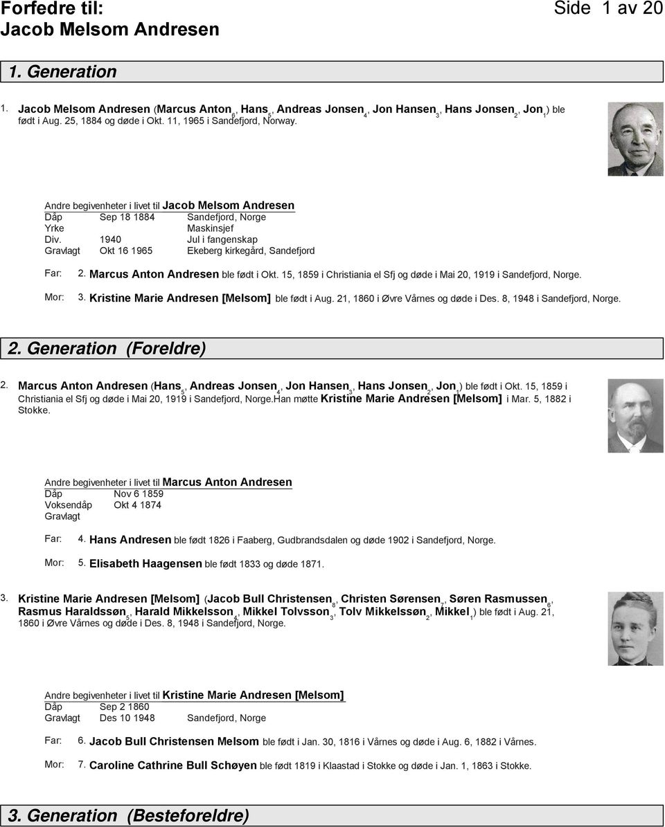Marcus Anton Andresen ble født i Okt. 15, 1859 i Christiania el Sfj og døde i Mai 20, 1919 i Sandefjord, Norge. 3. Kristine Marie Andresen [Melsom] ble født i Aug.