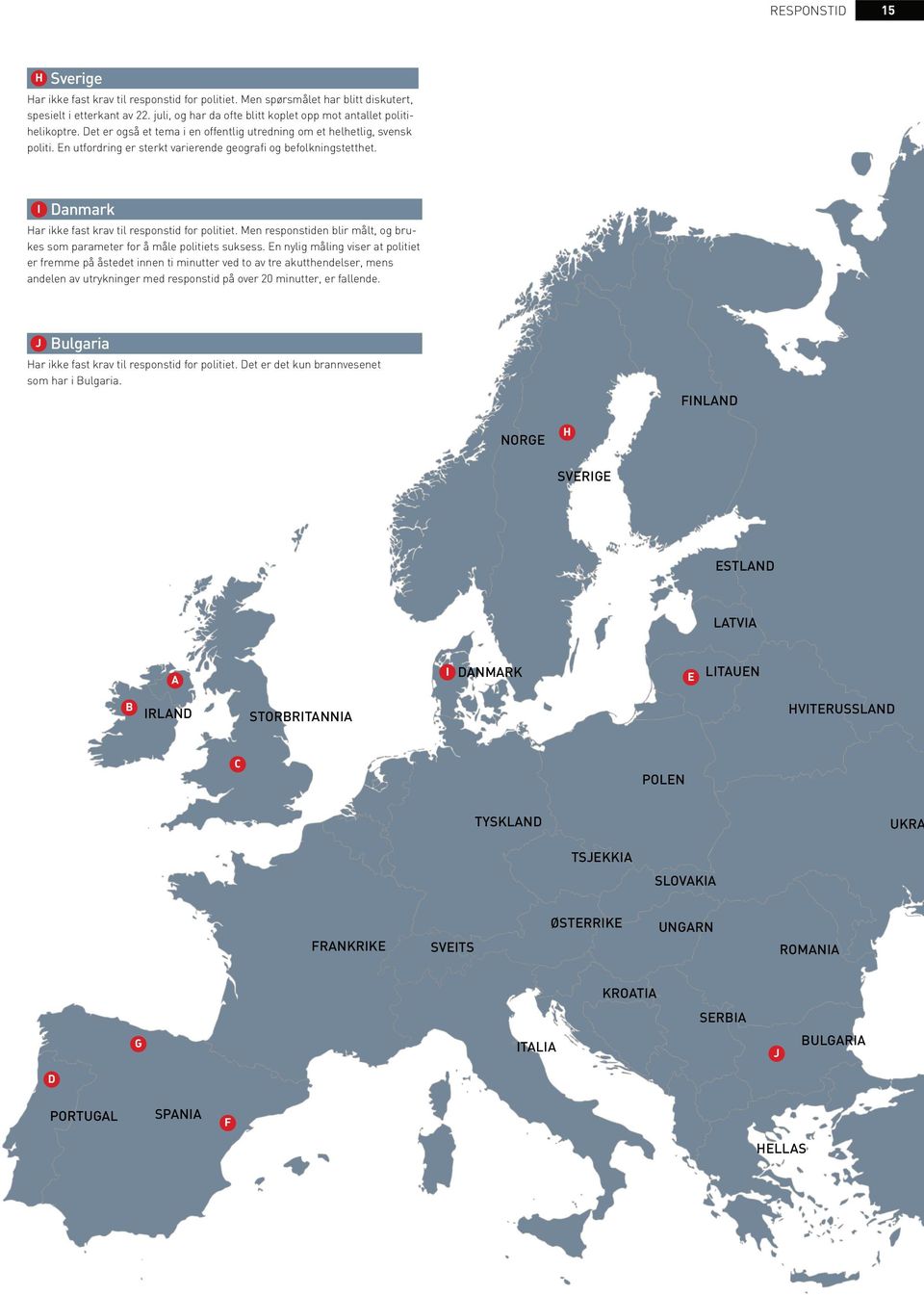 En utfordring er sterkt varierende geograﬁ og befolkningstetthet. I Danmark Har ikke fast krav til responstid for politiet.