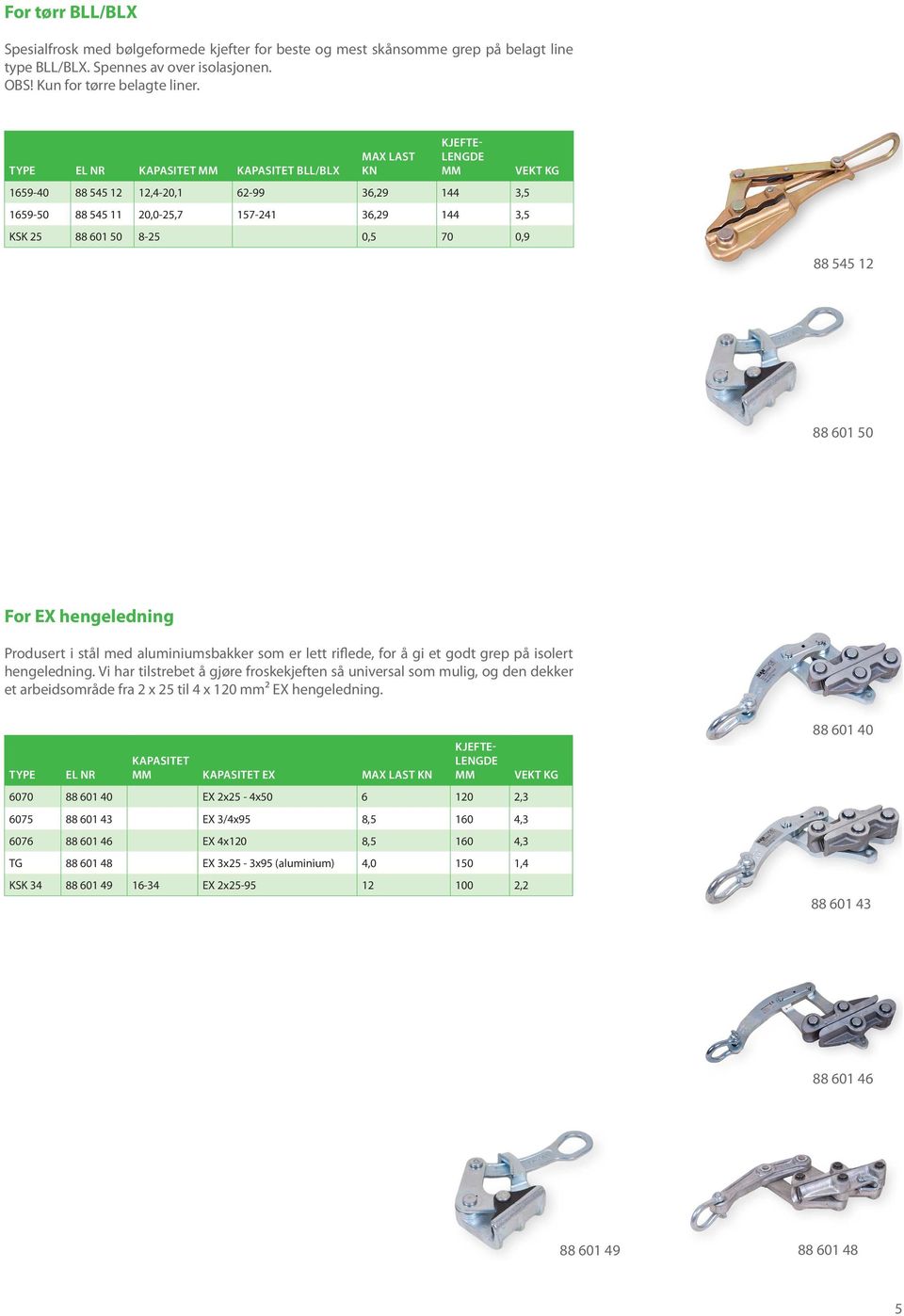88 601 50 For EX hengeledning Produsert i stål med aluminiumsbakker som er lett riflede, for å gi et godt grep på isolert hengeledning.