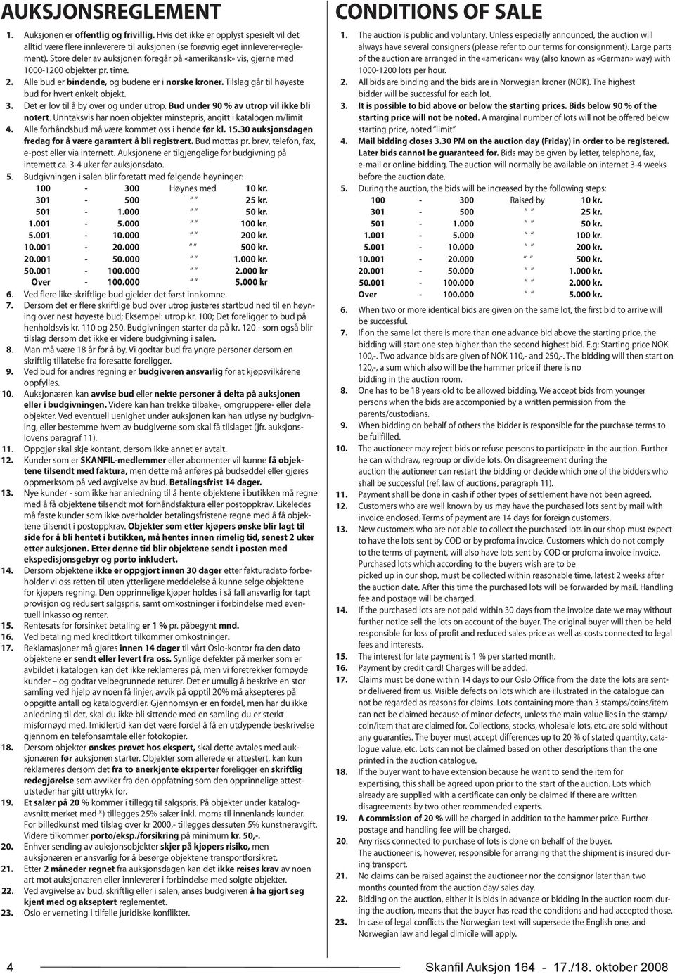 Det er lov til å by over og under utrop. Bud under 90 % av utrop vil ikke bli notert. Unntaksvis har noen objekter minstepris, angitt i katalogen m/limit 4.