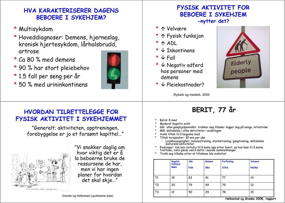 * Velvære * Fysisk funksjon * ADL * Inkontinens * Fall * Negativ adferd hos personer med demens * Pleiekostnader? Rydwik og medarb.