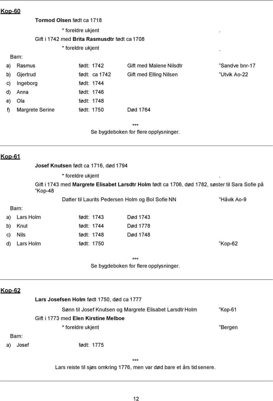 født: 1750 Død 1764 Se bygdeboken for flere opplysninger. Kop-61 Josef Knutsen født ca 1716, død 1794.