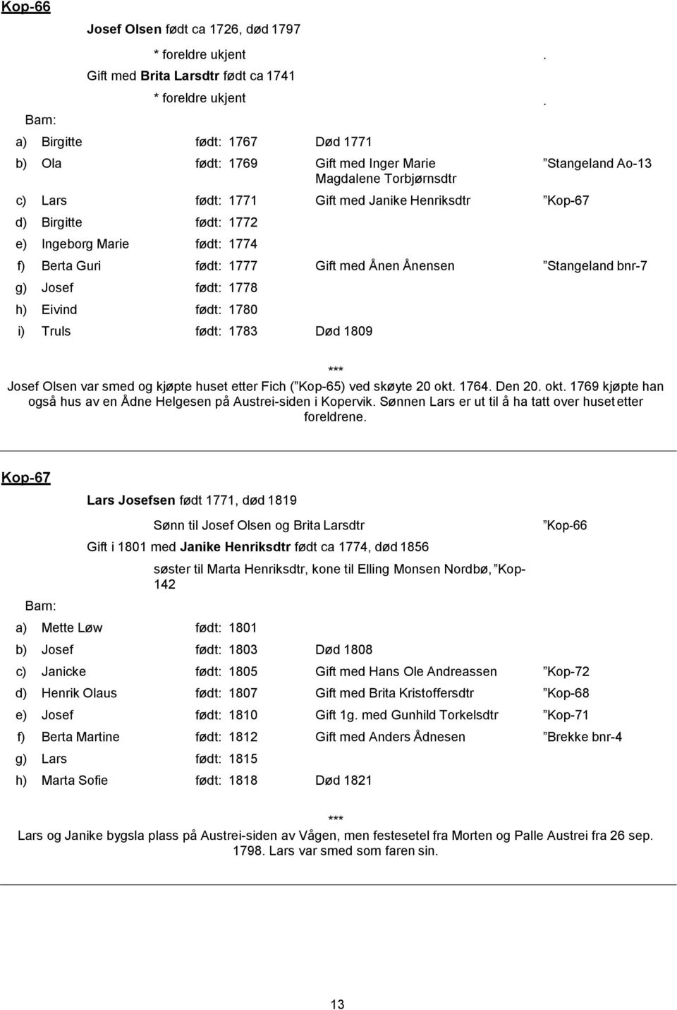 Stangeland Ao-13 f) Berta Guri født: 1777 Gift med Ånen Ånensen Stangeland bnr-7 g) Josef født: 1778 h) Eivind født: 1780 i) Truls født: 1783 Død 1809 Josef Olsen var smed og kjøpte huset etter Fich