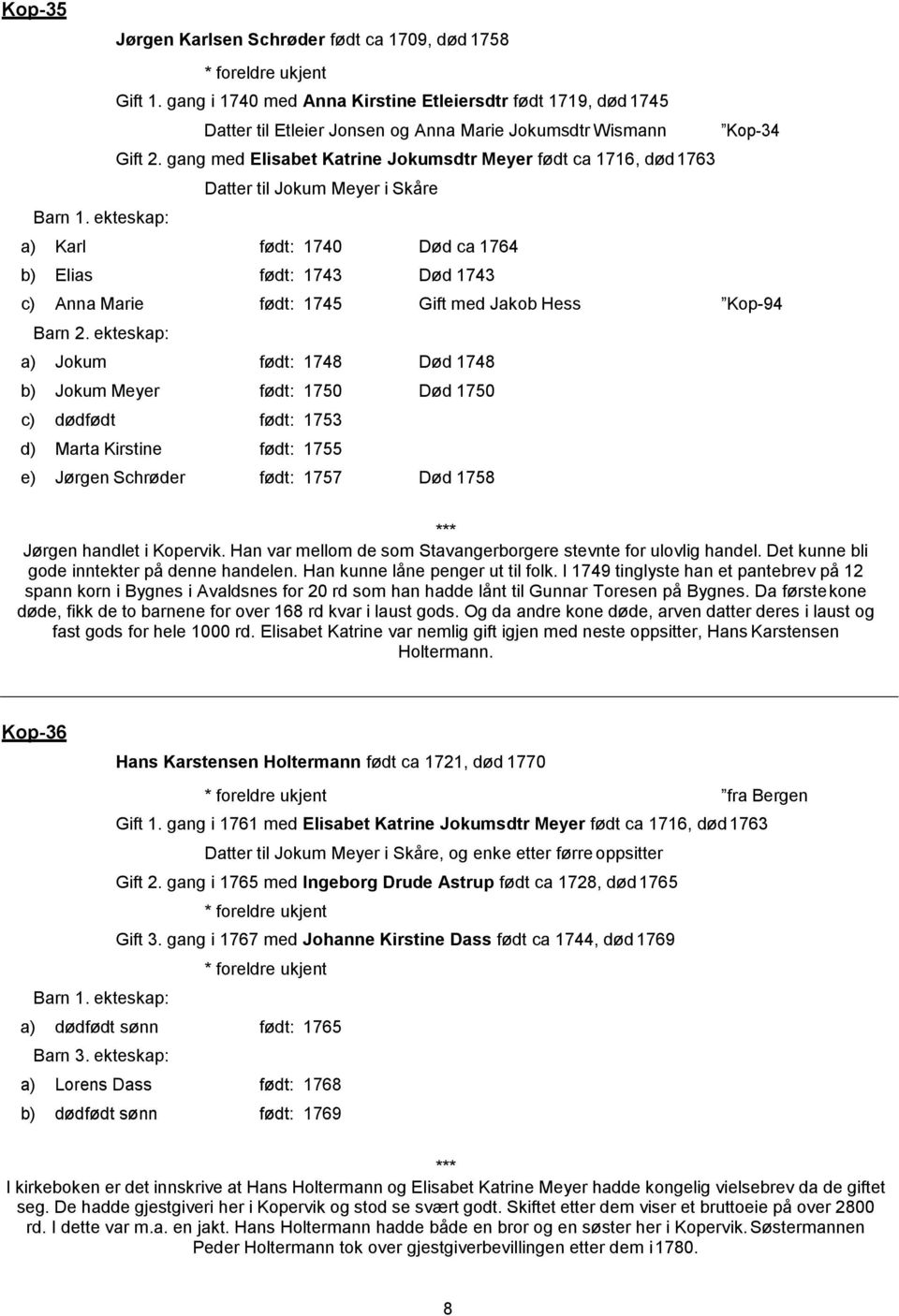 ekteskap: a) Karl født: 1740 Død ca 1764 b) Elias født: 1743 Død 1743 c) Anna Marie født: 1745 Gift med Jakob Hess Kop-94 Barn 2.