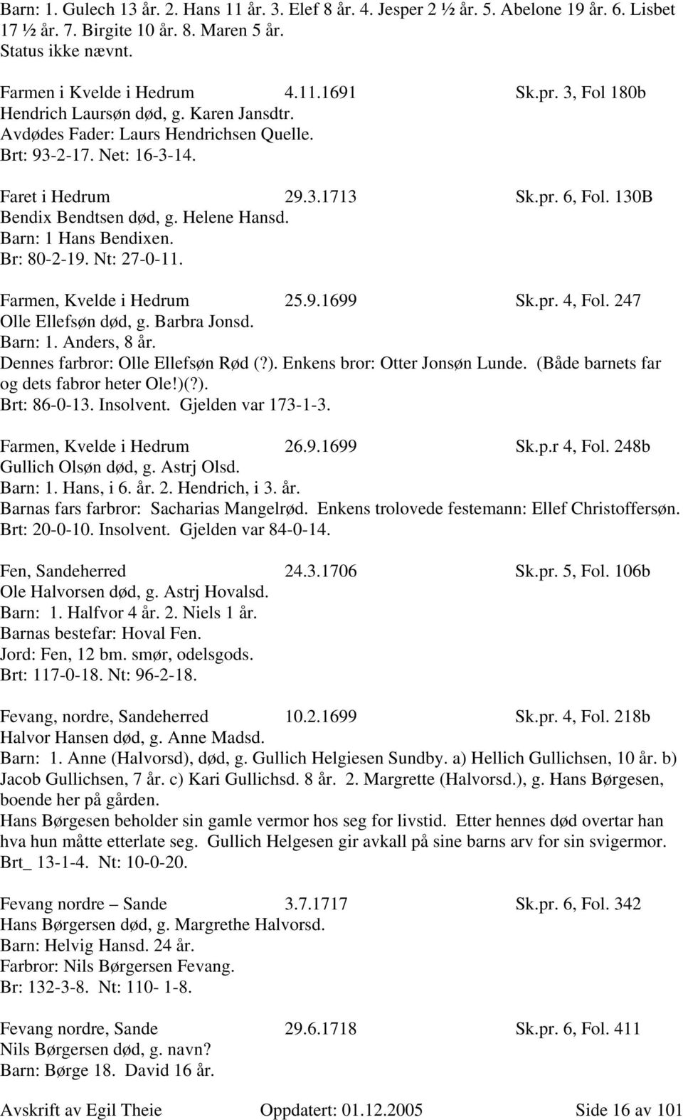 Helene Hansd. Barn: 1 Hans Bendixen. Br: 80-2-19. Nt: 27-0-11. Farmen, Kvelde i Hedrum 25.9.1699 Sk.pr. 4, Fol. 247 Olle Ellefsøn død, g. Barbra Jonsd. Barn: 1. Anders, 8 år.