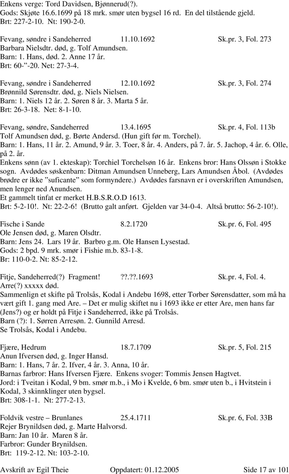 død, g. Niels Nielsen. Barn: 1. Niels 12 år. 2. Søren 8 år. 3. Marta 5 år. Brt: 26-3-18. Net: 8-1-10. Fevang, søndre, Sandeherred 13.4.1695 Sk.pr. 4, Fol. 113b Tolf Amundsen død, g. Børte Andersd.