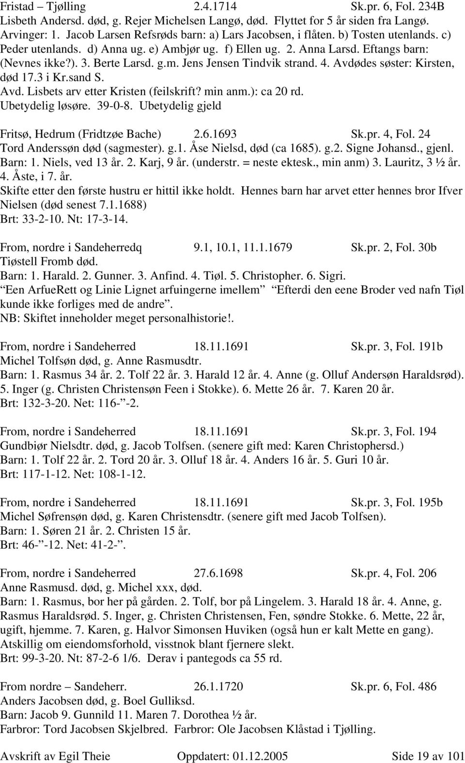 m. Jens Jensen Tindvik strand. 4. Avdødes søster: Kirsten, død 17.3 i Kr.sand S. Avd. Lisbets arv etter Kristen (feilskrift? min anm.): ca 20 rd. Ubetydelig løsøre. 39-0-8.