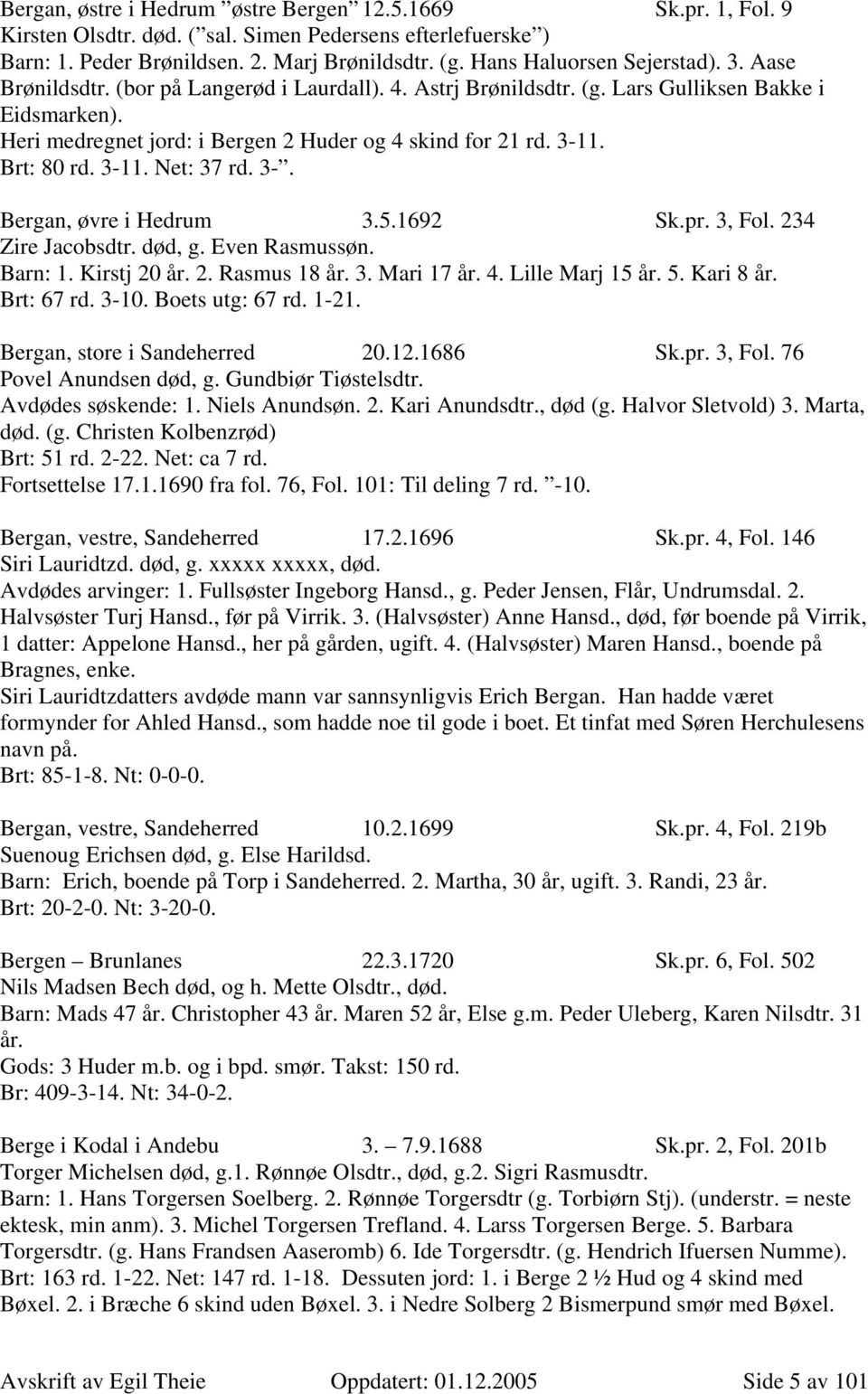 3-11. Brt: 80 rd. 3-11. Net: 37 rd. 3-. Bergan, øvre i Hedrum 3.5.1692 Sk.pr. 3, Fol. 234 Zire Jacobsdtr. død, g. Even Rasmussøn. Barn: 1. Kirstj 20 år. 2. Rasmus 18 år. 3. Mari 17 år. 4.