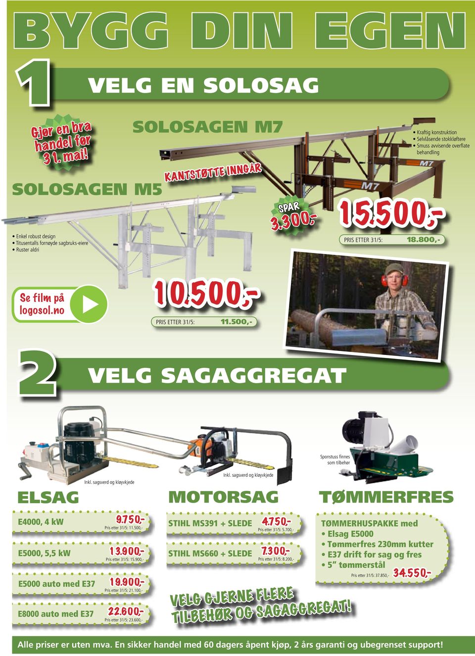 sagsverd og kløyvkjede Inkl. sagsverd og kløyvkjede MotorsAg Tømmerfres E5000, 5,5 kw E5000 auto med E37 E8000 auto med E37 Pris etter 31/5: 11.500,- Pris etter 31/5: 15.900,- Pris etter 31/5: 21.