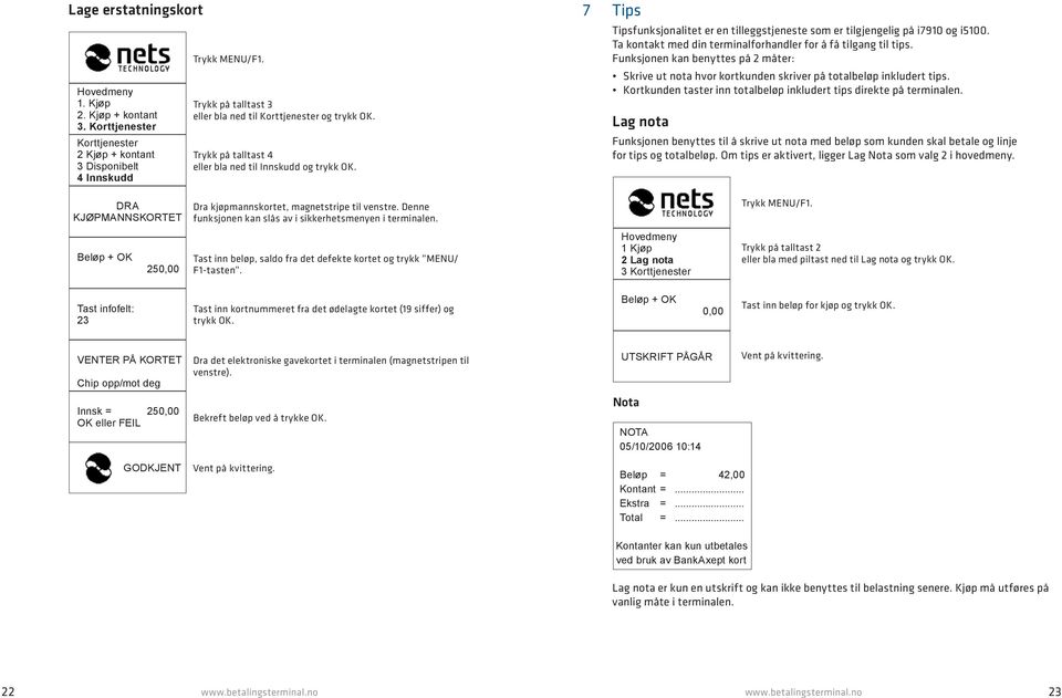 Ta kontakt med din terminalforhandler for å få tilgang til tips. Funksjonen kan benyttes på 2 måter: Skrive ut nota hvor kortkunden skriver på totalbeløp inkludert tips.