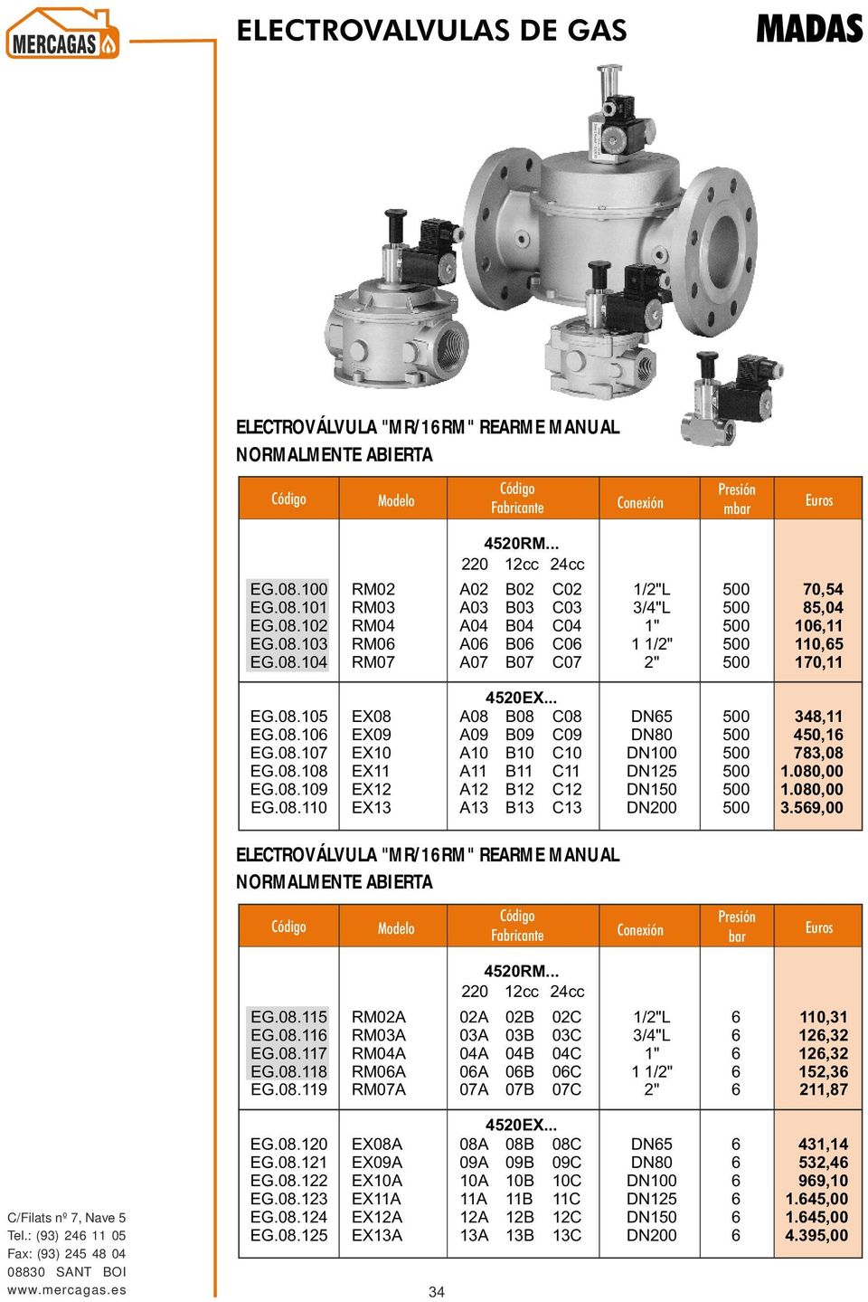 .. B08 B09 B0 B B2 B3 C08 C09 C0 C C2 C3 DN5 DN80 DN00 DN25 DN50 DN 348, 450, 783,08.080,00.080,00 3.59,00 ELECTROVÁLVULA "MR/RM" REARME MANUAL NORMALMENTE ABIERTA Fabricante bar EG.08.5 EG.08. EG.08.7 EG.