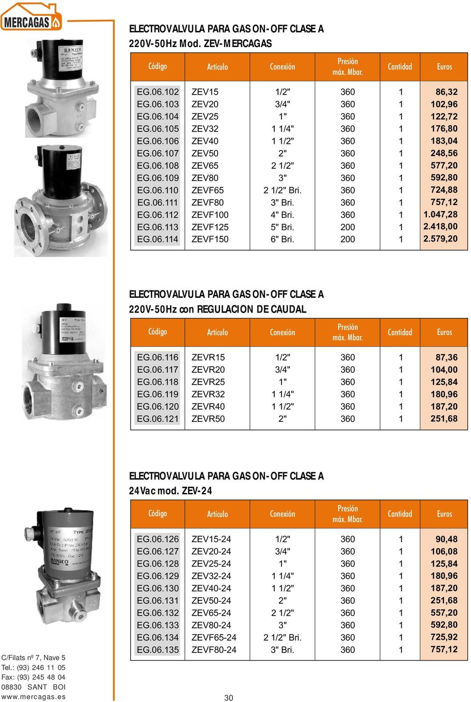 0.8 EG.0.9 EG.0.20 EG.0.2 ZEVR5 ZEVR20 ZEVR25 ZEVR32 ZEVR40 ZEVR50 / " /4" / 87,3 04,00 25,84 80,9 87,20 25,8 ELECTROVALVULA PARA GAS ONOFF CLASE A 24Vac mod. ZEV24 Tel.: (93) 24 05 EG.0.2 EG.0.27 EG.