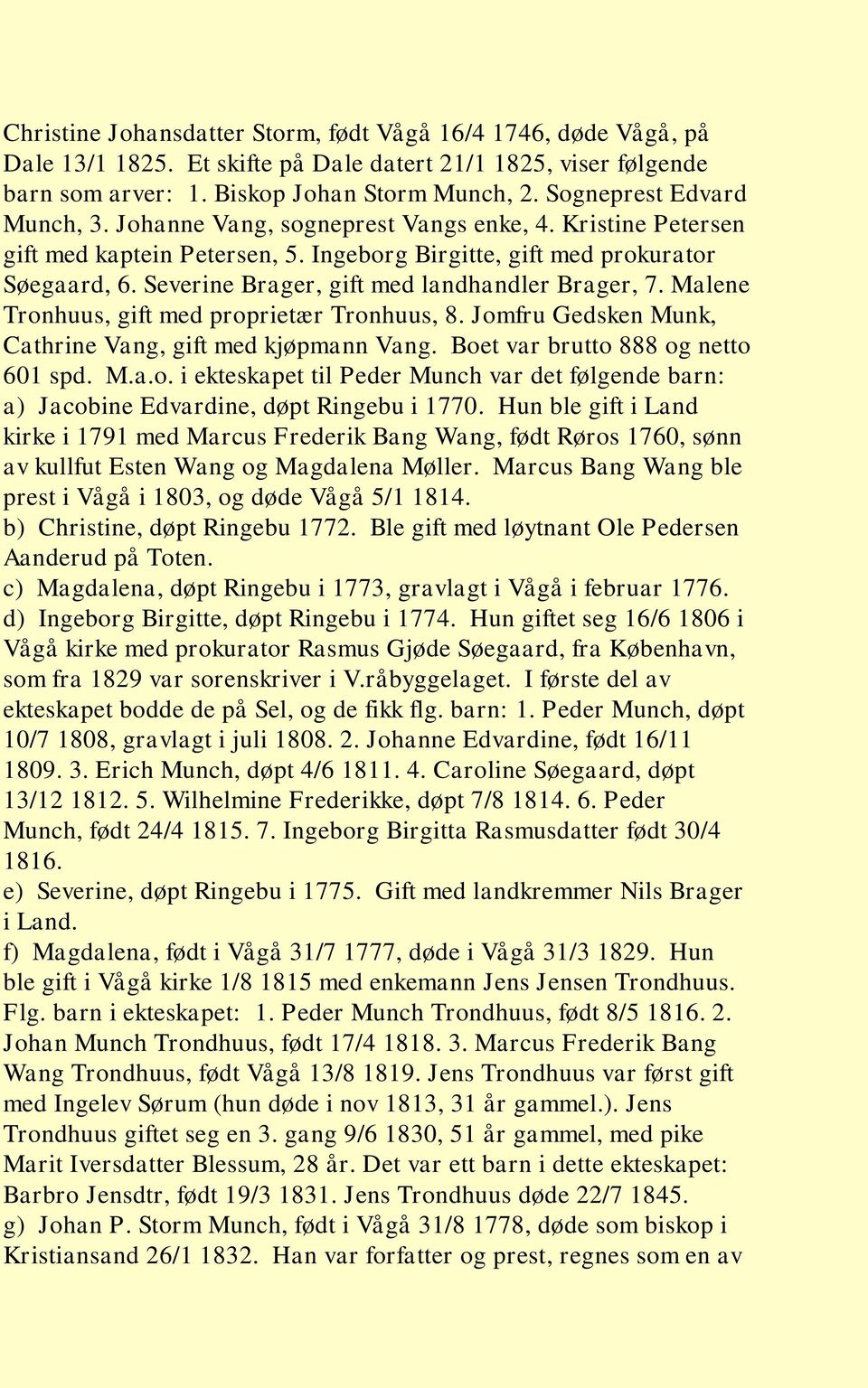 Severine Brager, gift med landhandler Brager, 7. Malene Tronhuus, gift med proprietær Tronhuus, 8. Jomfru Gedsken Munk, Cathrine Vang, gift med kjøpmann Vang. Boet var brutto 888 og netto 601 spd. M.a.o. i ekteskapet til Peder Munch var det følgende barn: a) Jacobine Edvardine, døpt Ringebu i 1770.