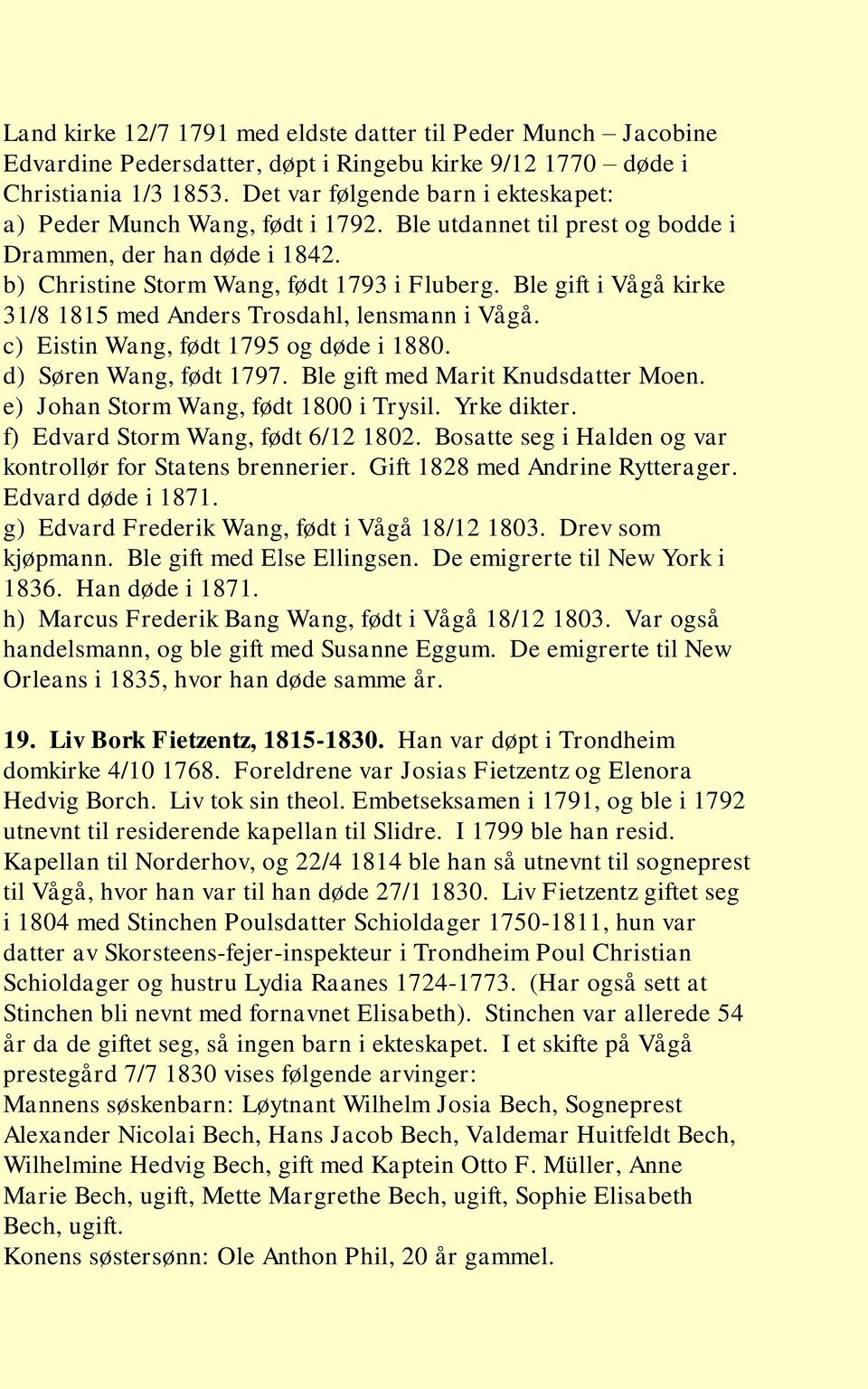 Ble gift i Vågå kirke 31/8 1815 med Anders Trosdahl, lensmann i Vågå. c) Eistin Wang, født 1795 og døde i 1880. d) Søren Wang, født 1797. Ble gift med Marit Knudsdatter Moen.