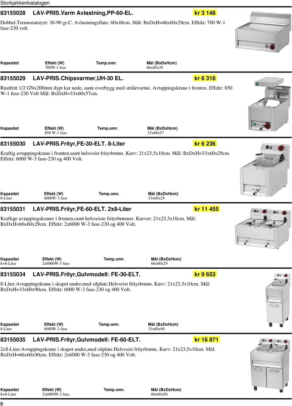 Effekt: 850 W-1 fase-230 Volt Mål: BxDxH=33x60x57cm. 850 W-1 fase 33x60x57 83155030 LAV-PRIS.Frityr,FE-30-ELT. 8-Liter kr 6 236 Kraftig avtappingskrane i fronten,samt helsveist frityrbrønn.