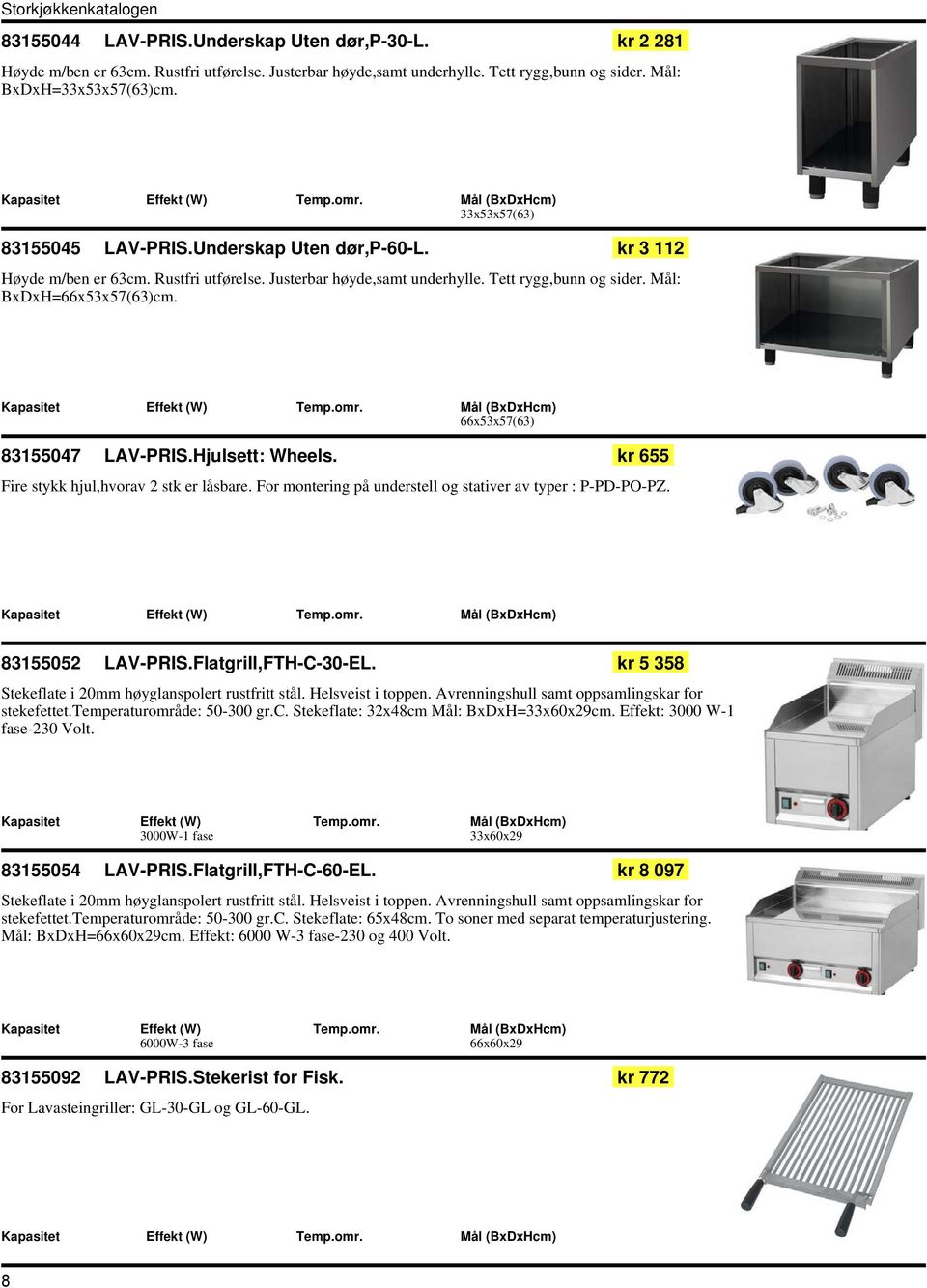 66x53x57(63) 83155047 LAV-PRIS.Hjulsett: Wheels. kr 655 Fire stykk hjul,hvorav 2 stk er låsbare. For montering på understell og stativer av typer : P-PD-PO-PZ. 83155052 LAV-PRIS.Flatgrill,FTH-C-30-EL.