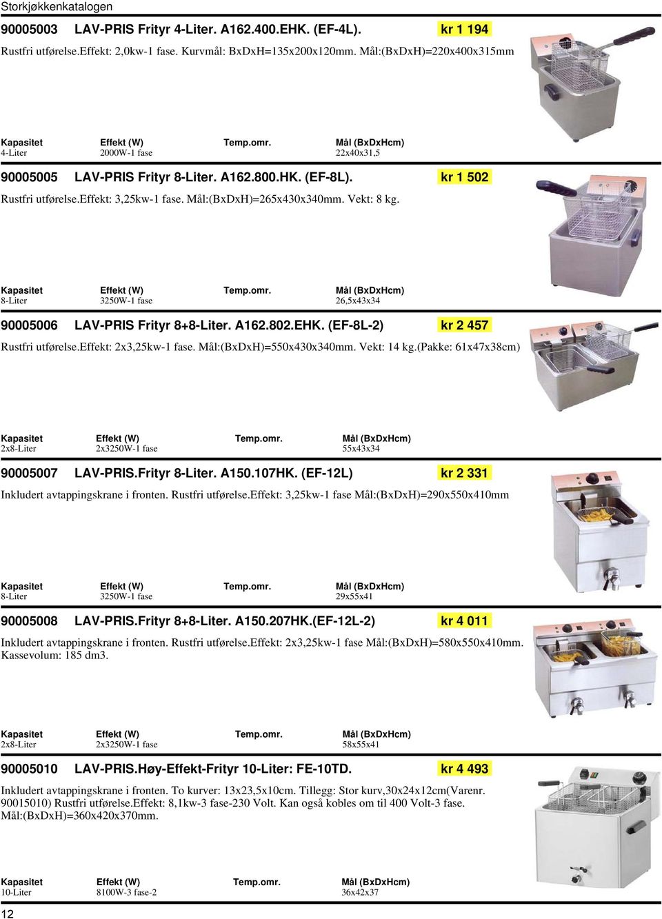 Vekt: 8 kg. 8-Liter 3250W-1 fase 26,5x43x34 90005006 LAV-PRIS Frityr 8+8-Liter. A162.802.EHK. (EF-8L-2) kr 2 457 Rustfri utførelse.effekt: 2x3,25kw-1 fase. Mål:(BxDxH)=550x430x340mm. Vekt: 14 kg.