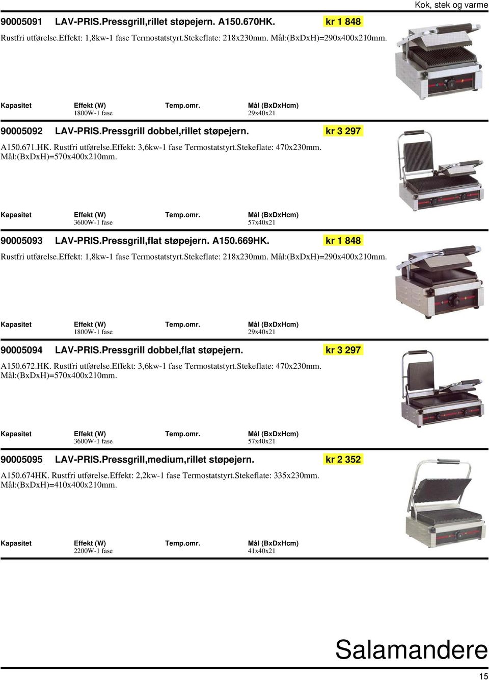 Mål:(BxDxH)=570x400x210mm. 3600W-1 fase 57x40x21 90005093 LAV-PRIS.Pressgrill,flat støpejern. A150.669HK. kr 1 848 Rustfri utførelse.effekt: 1,8kw-1 fase Termostatstyrt.Stekeflate: 218x230mm.