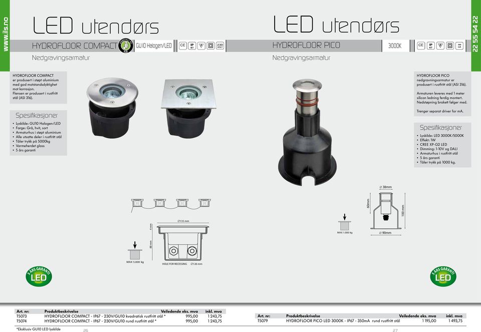 Lyskilde: GU10 Halogen/LED Farge: Grå, hvit, sort Armaturhus i støpt aluminium Alle utsatte deler i rustfritt stål Tåler trykk på 5000kg Varmeherdet glass Hydrofloor PICO nedgravningsarmatur er