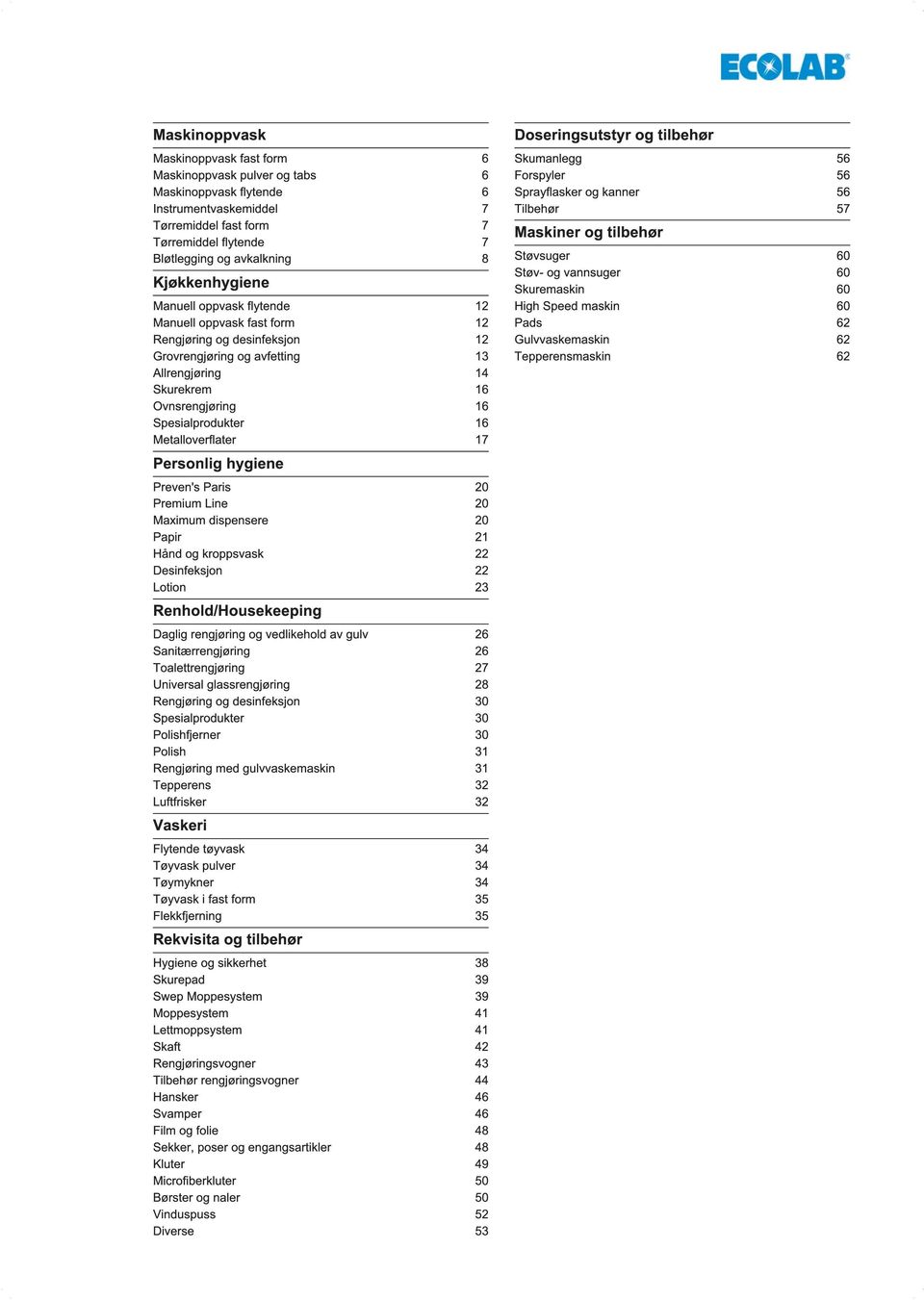 16 Metalloverflater 17 Personlig hygiene Preven's Paris 20 Premium Line 20 Maximum dispensere 20 Papir 21 Hånd og kroppsvask 22 Desinfeksjon 22 Lotion 23 Renhold/Housekeeping Daglig rengjøring og