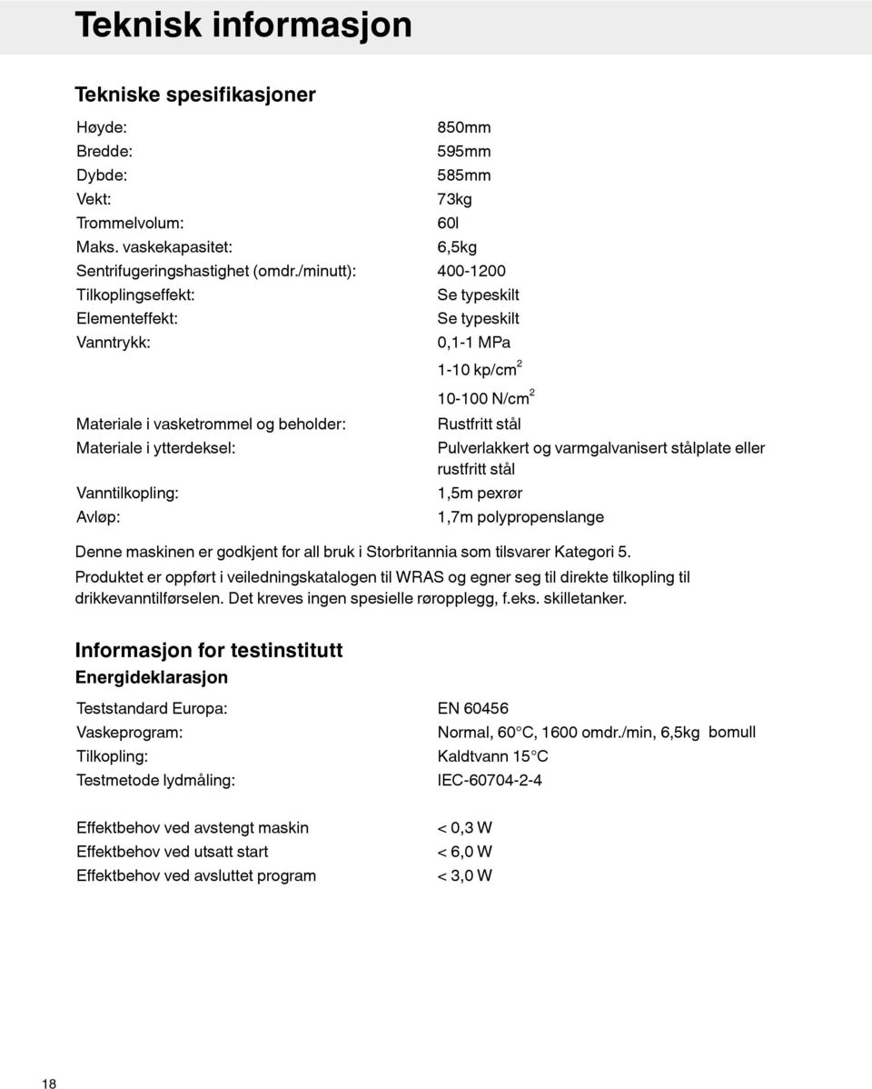 typeskilt 0,1-1 MPa 1-10 kp/cm 2 10-100 N/cm 2 Rustfritt stål Pulverlakkert og varmgalvanisert stålplate eller rustfritt stål 1,5m pexrør 1,7m polypropenslange Denne maskinen er godkjent for all bruk