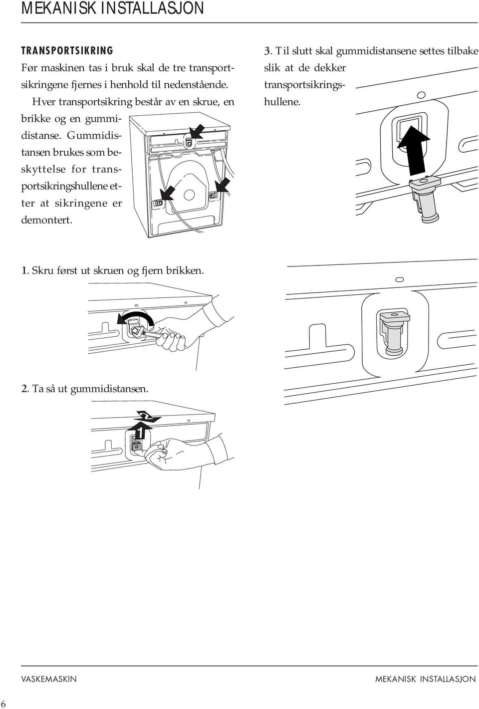 Gummidistansen brukes som beskyttelse for transportsikringshullene etter at sikringene er demontert. 3.