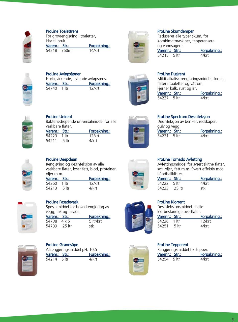 Fjerner kalk, rust og irr. 54227 5 ltr 4/krt ProLine Unirent Bakteriedrepende universalmiddel for alle vaskbare flater.