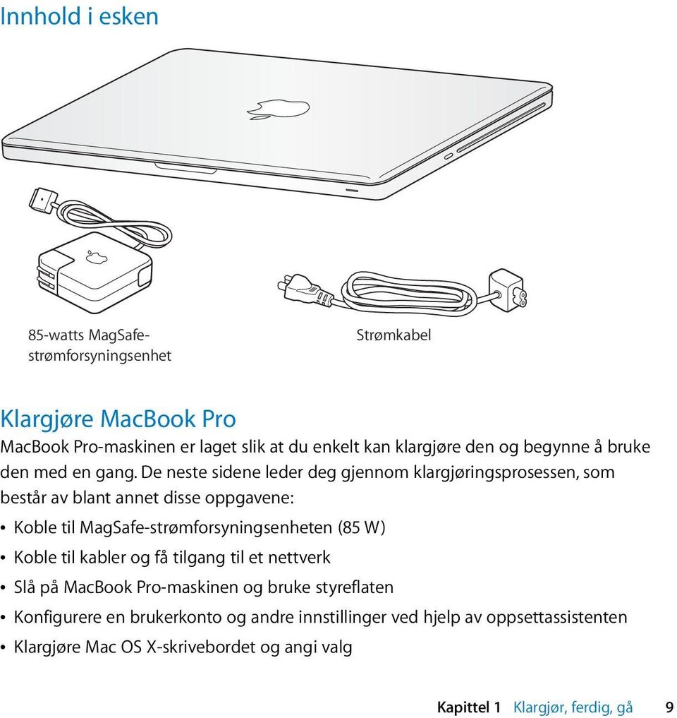 De neste sidene leder deg gjennom klargjøringsprosessen, som består av blant annet disse oppgavene: Â Koble til MagSafe-strømforsyningsenheten (85 W)