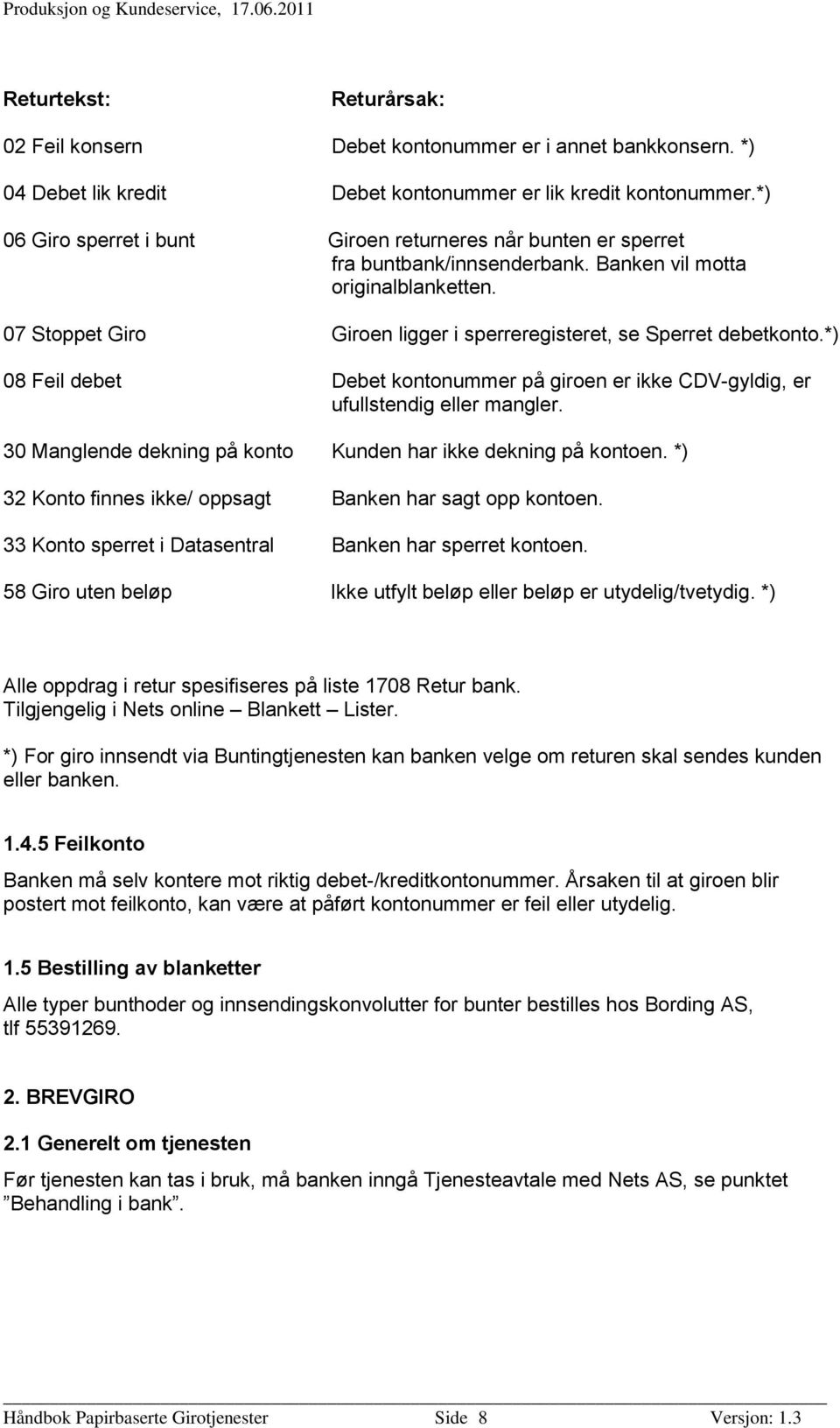 07 Stoppet Giro Giroen ligger i sperreregisteret, se Sperret debetkonto.*) 08 Feil debet Debet kontonummer på giroen er ikke CDV-gyldig, er ufullstendig eller mangler.