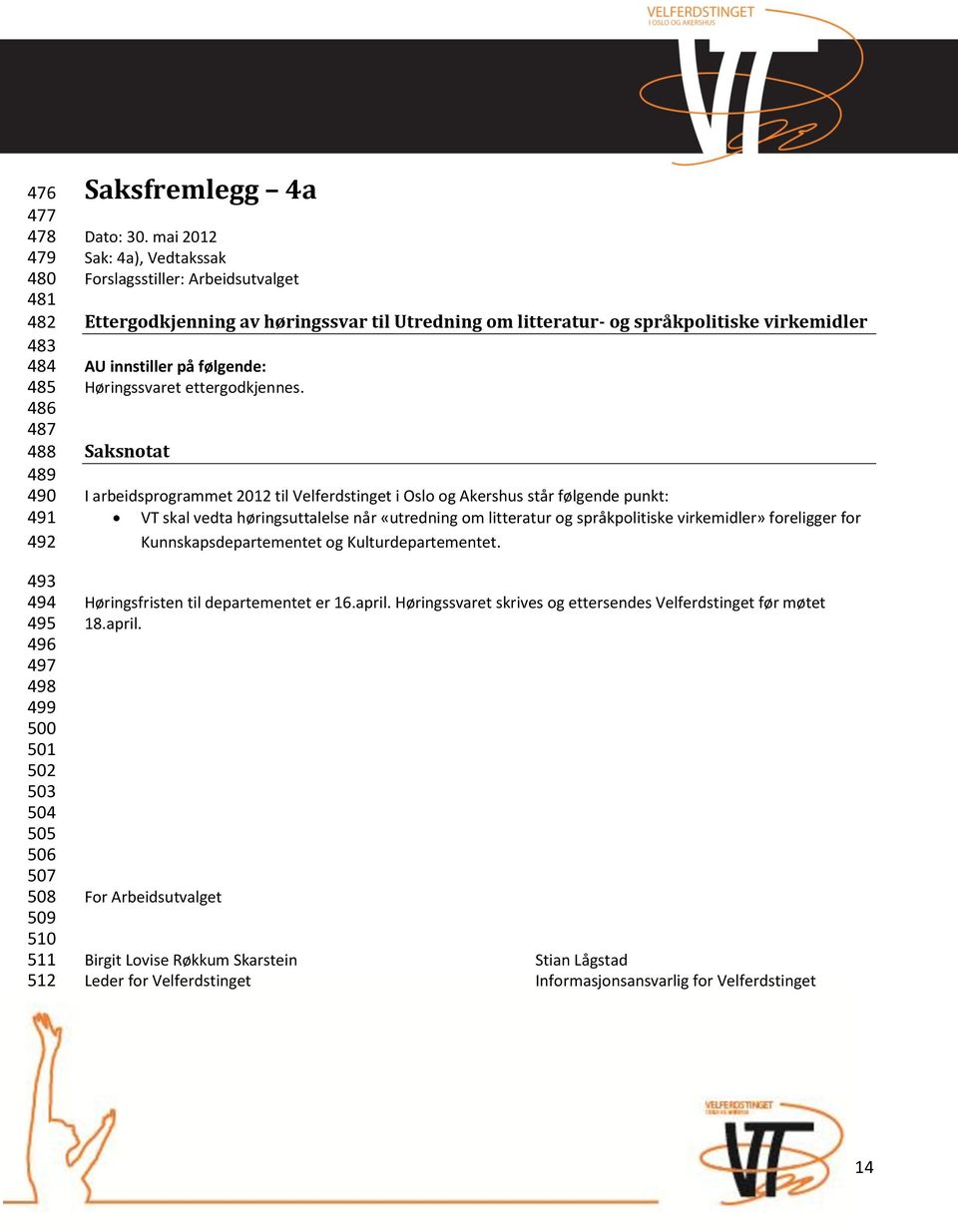 Saksnotat I arbeidsprogrammet 2012 til Velferdstinget i Oslo og Akershus står følgende punkt: VT skal vedta høringsuttalelse når «utredning om litteratur og språkpolitiske virkemidler» foreligger for
