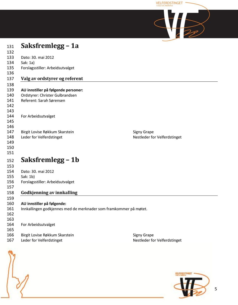 Arbeidsutvalget Birgit Lovise Røkkum Skarstein Signy Grape Leder for Velferdstinget Nestleder for Velferdstinget Saksfremlegg 1b Dato: 30.