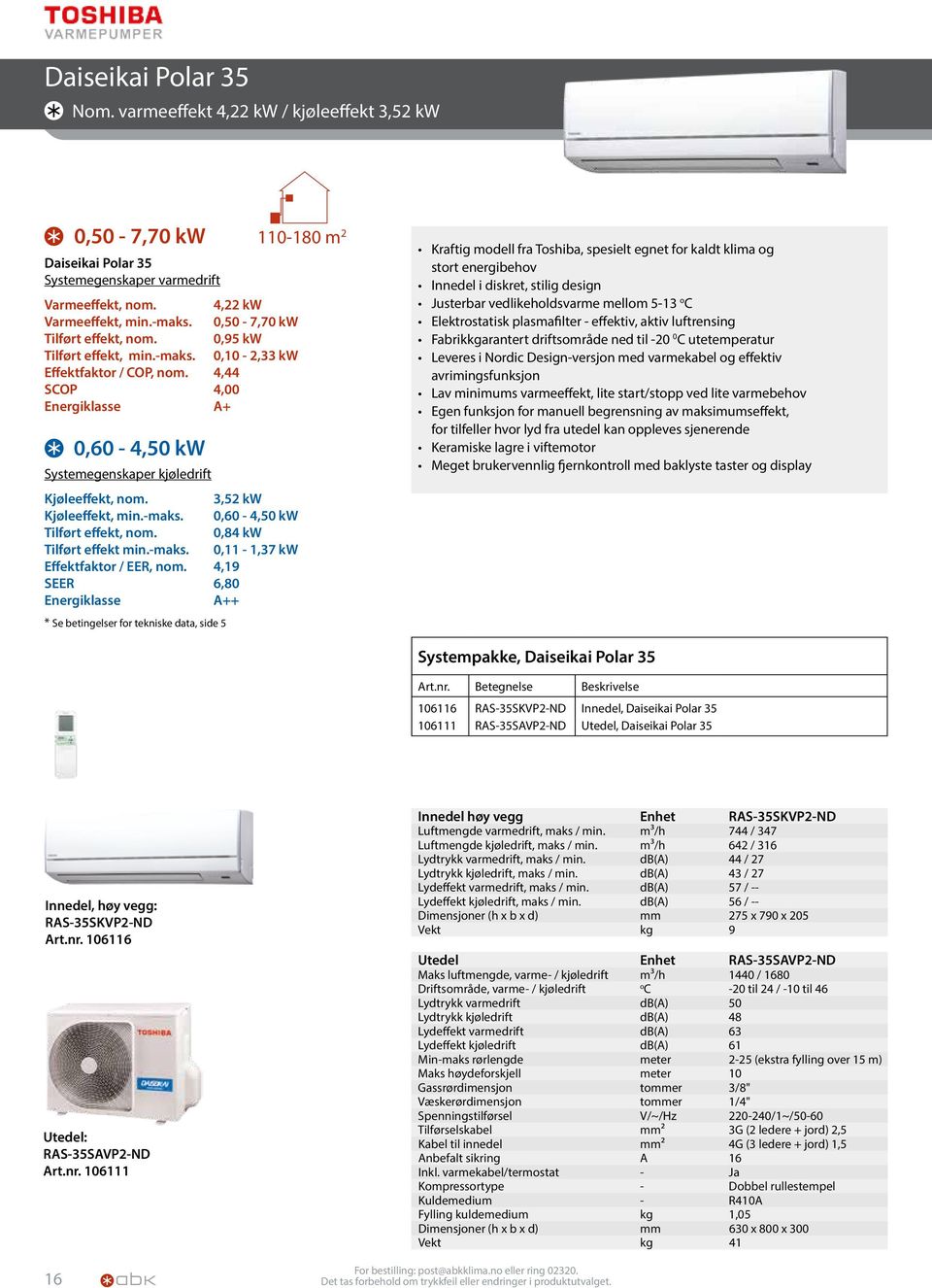 3,52 kw Kjøleeffekt, min.-maks. 0,60-4,50 kw Tilført effekt, nom. 0,84 kw Tilført effekt min.-maks. 0,11-1,37 kw Effektfaktor / EER, nom.