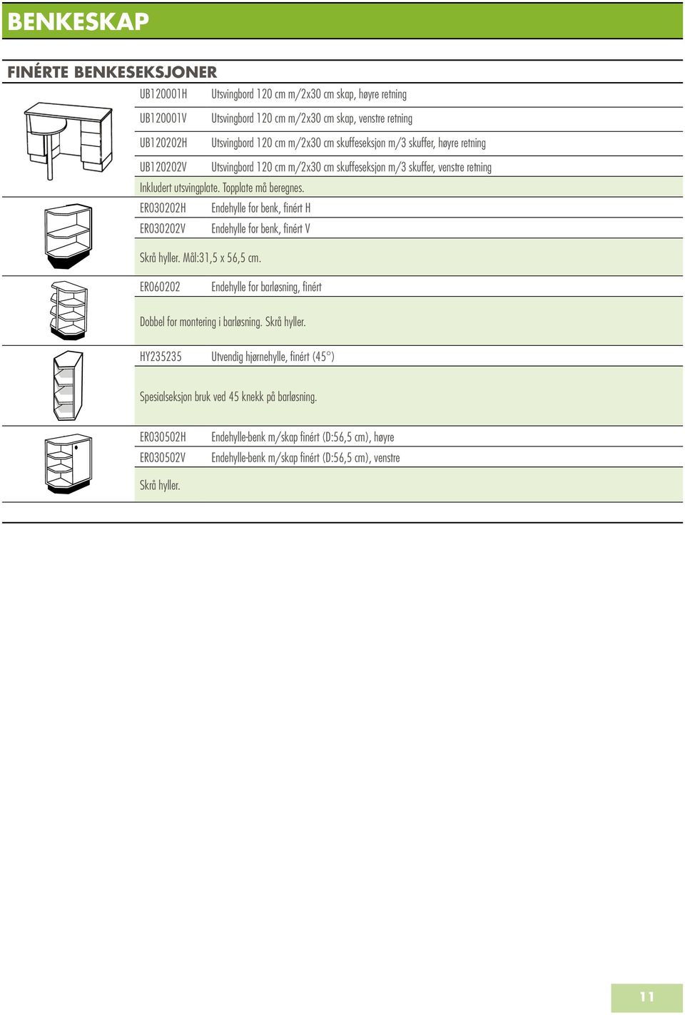ER030202H Endehylle for benk, finért H ER030202V Endehylle for benk, finért V Skrå hyller. Mål:31,5 x 56,5 cm. ER060202 Endehylle for barløsning, finért Dobbel for montering i barløsning.