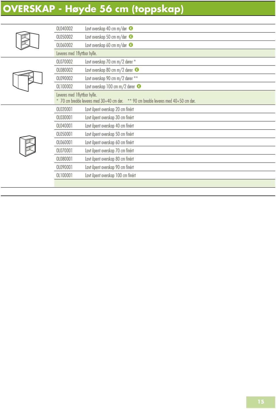 OL100002 Lavt overskap 100 cm m/2 dører Leveres med 1flyttbar hylle. * 70 cm bredde leveres med 30+40 cm dør. ** 90 cm bredde leveres med 40+50 cm dør.