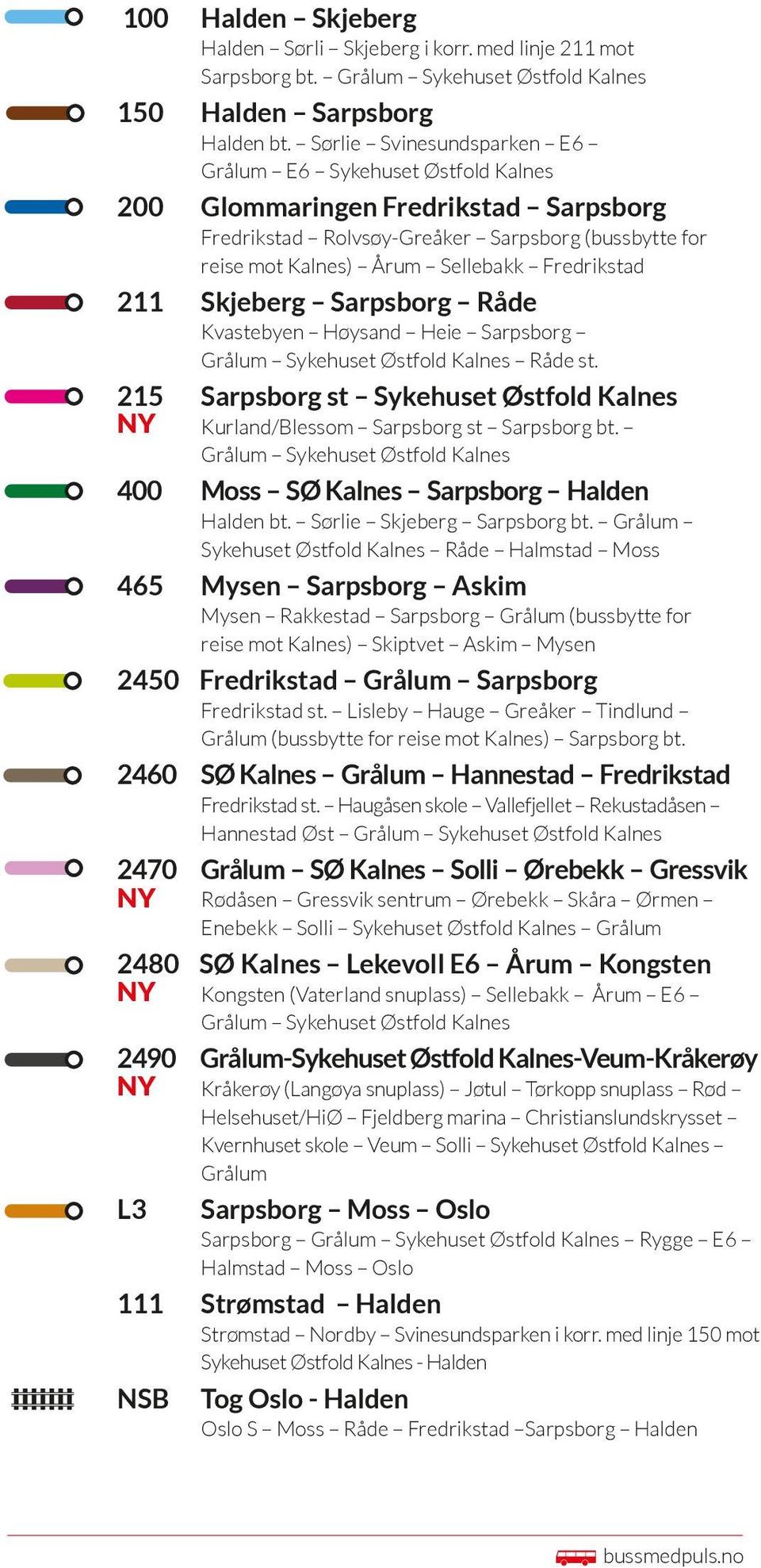 Mysen 211 Skjeberg Sarpsborg Råde Kvastebyen Høysand Heie Sarpsborg Grålum Sykehuset Østfold Kalnes Råde st. 215 Sarpsborg st Sykehuset Østfold Kalnes NY Kurland/Blessom Sarpsborg st Sarpsborg bt.