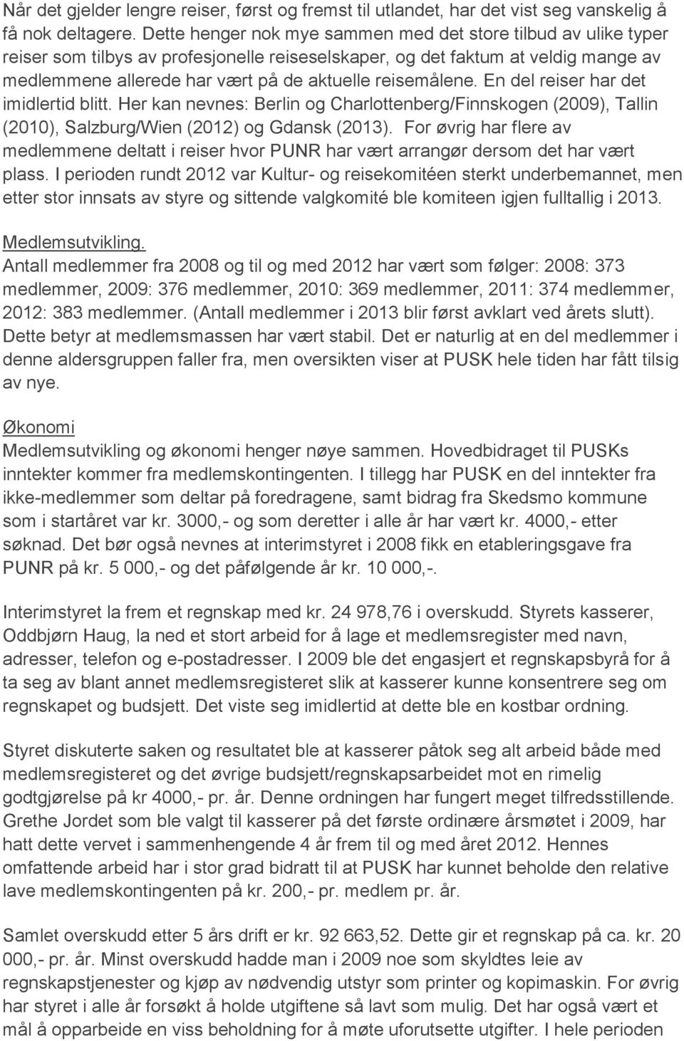 reisemålene. En del reiser har det imidlertid blitt. Her kan nevnes: Berlin og Charlottenberg/Finnskogen (2009), Tallin (2010), Salzburg/Wien (2012) og Gdansk (2013).